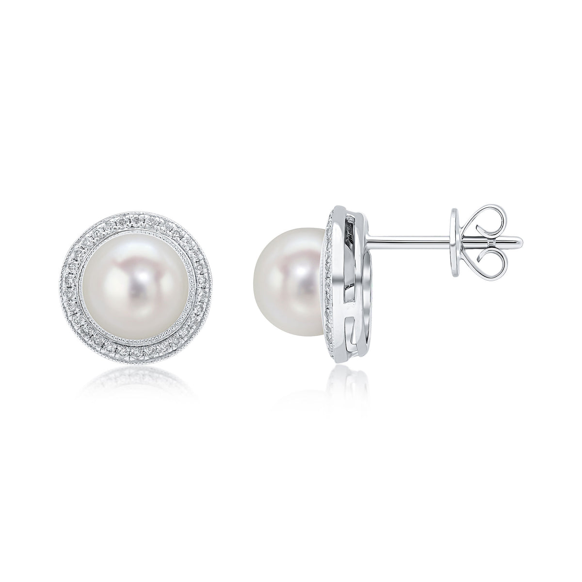 18ct White Gold 7mm Round Pearl & Milgrain Set Diamond Cluster Earrings