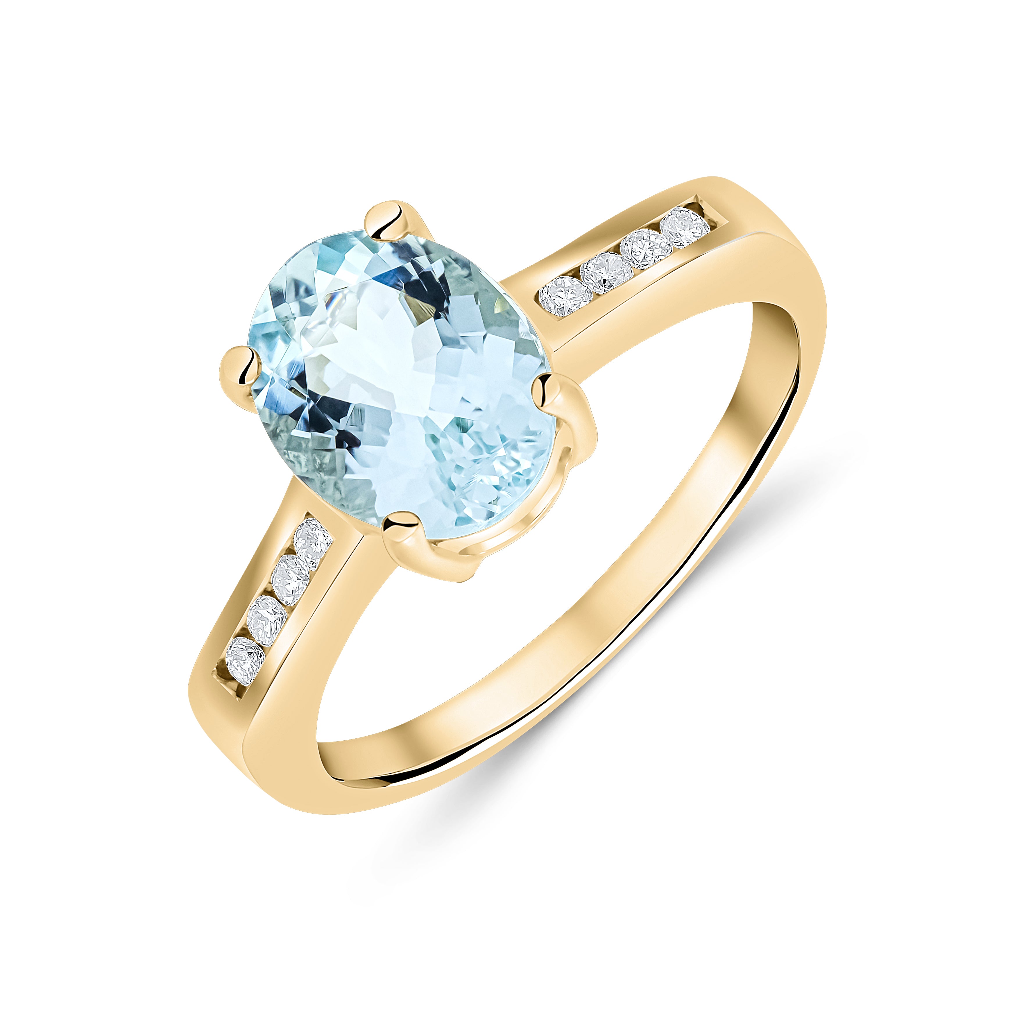 9ct Yellow Gold 9x7mm Claw Set Oval Aquamarine Single Stone Ring with Channel Set Diamond Shoulders