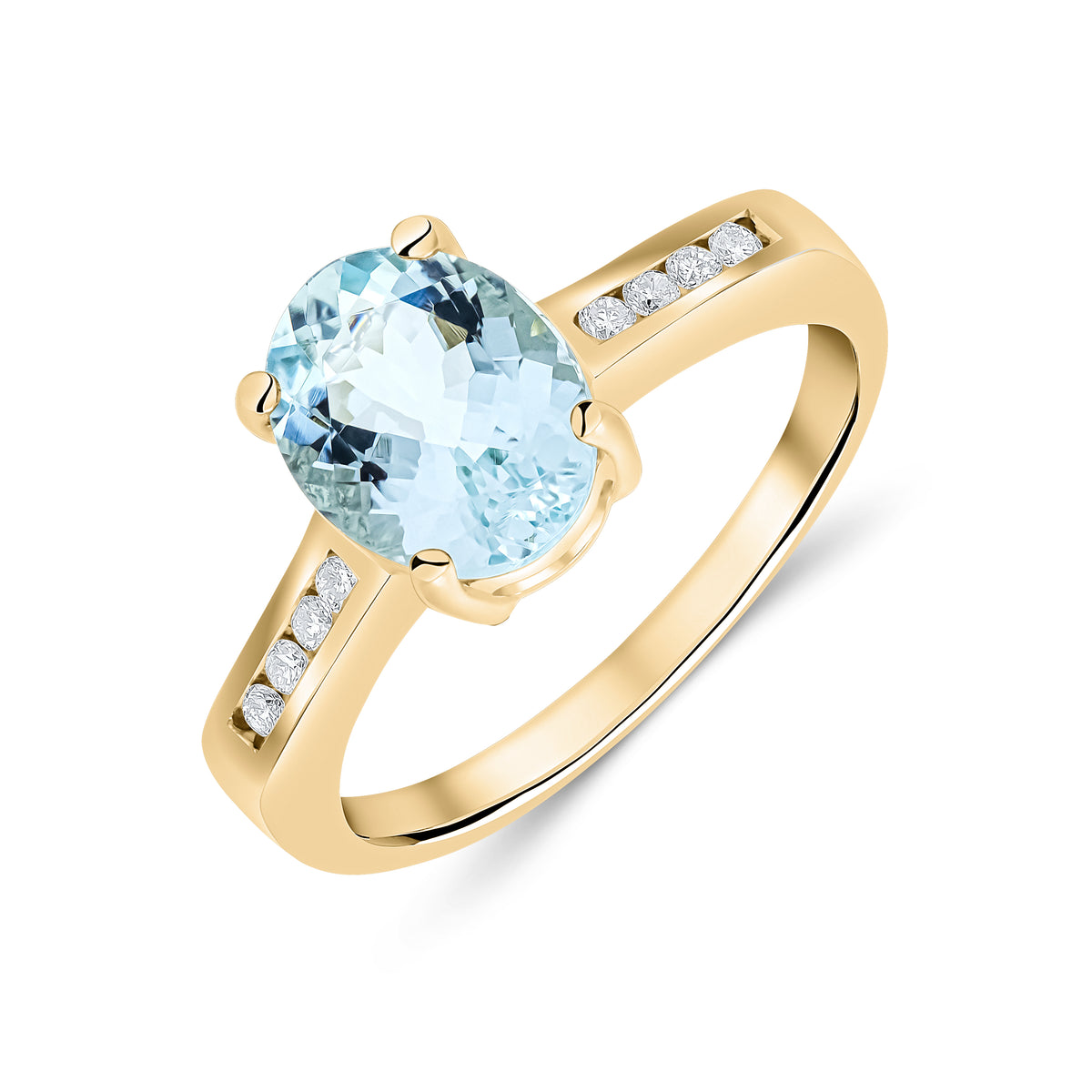 9ct Yellow Gold 9x7mm Claw Set Oval Aquamarine Single Stone Ring with Channel Set Diamond Shoulders