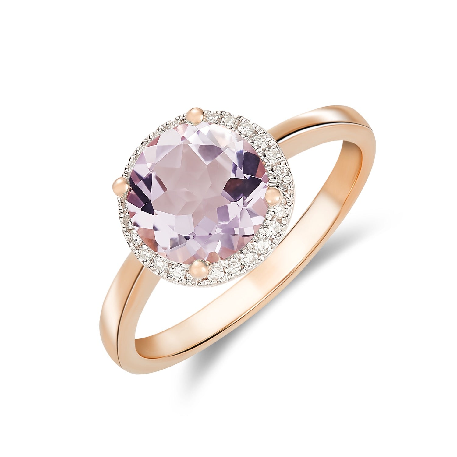 9ct Rose Gold 8mm Round Pink Amethyst and Diamond Claw Cluster Ring Rhodium to Diamonds