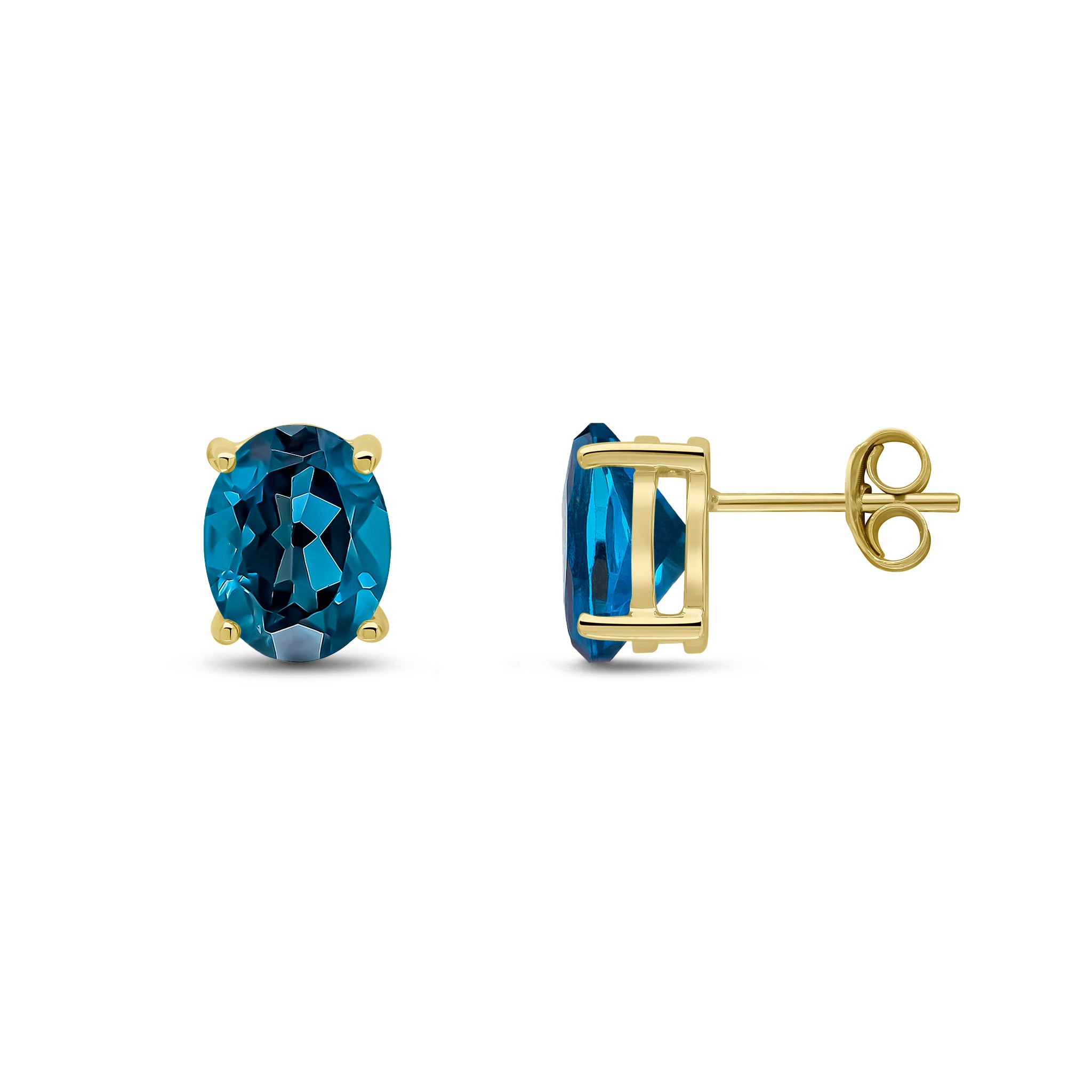 9ct Yellow Gold 9x7 Oval London Blue Topaz Claw Earrings