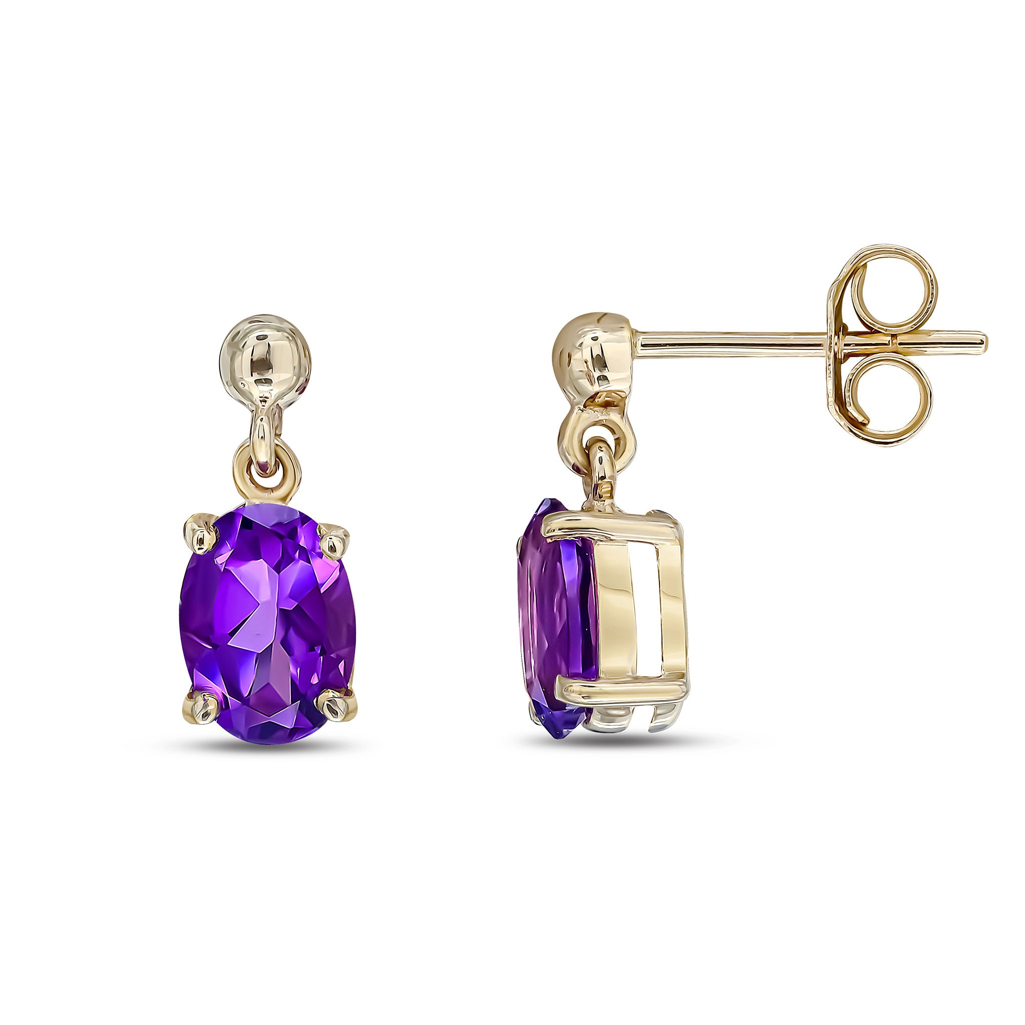 9ct Yellow Gold Oval 7x5mm Amethyst Claw Drop Earrings with Bead Top