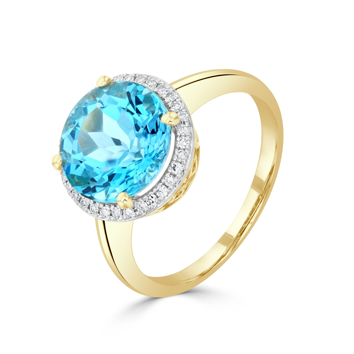 9ct Yellow Gold 10mm Round Swiss Blue Topaz & Diamond Cluster Ring