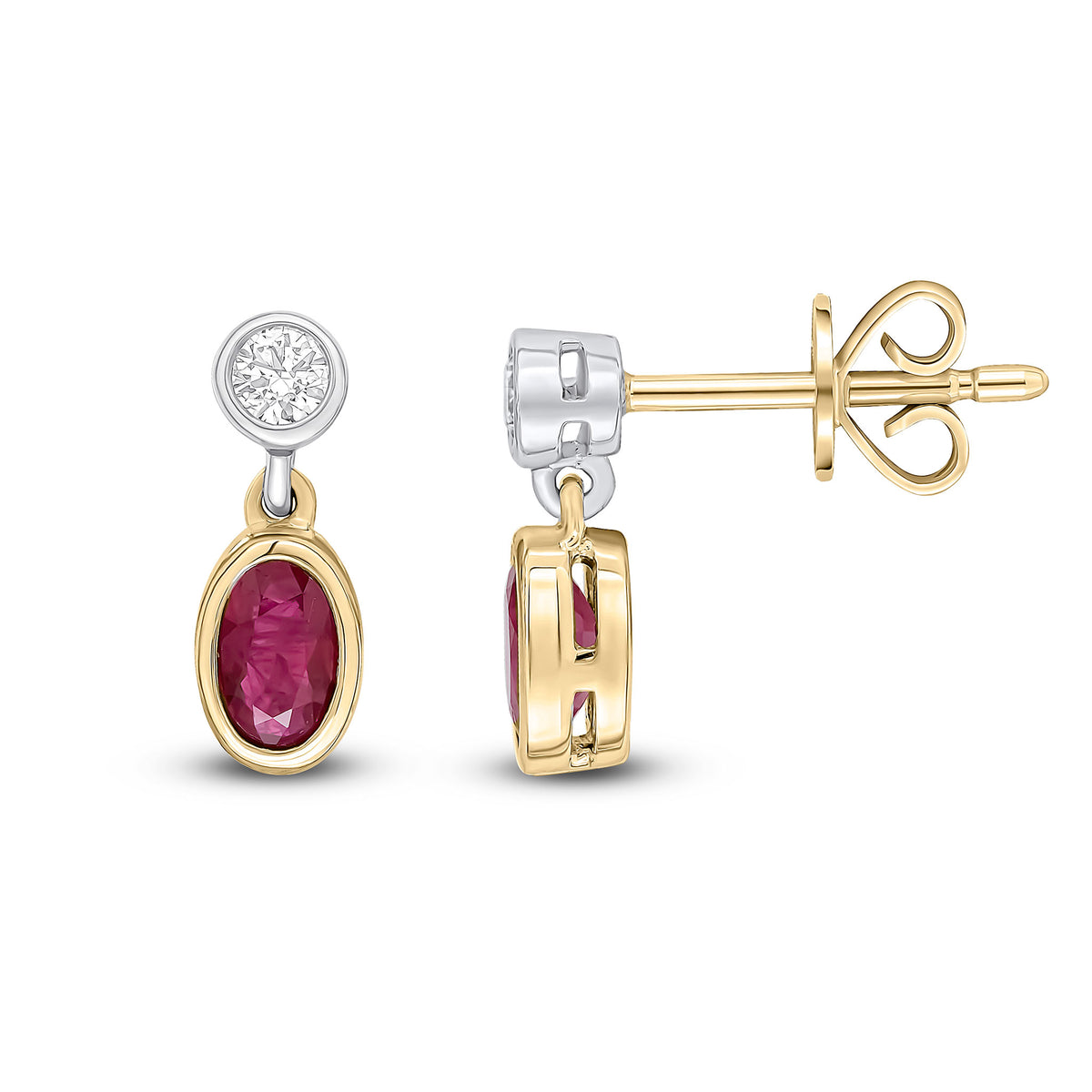 18ct Ywg Oval Ruby and Round Diamond 2 Stone Rubover Drop Earrings