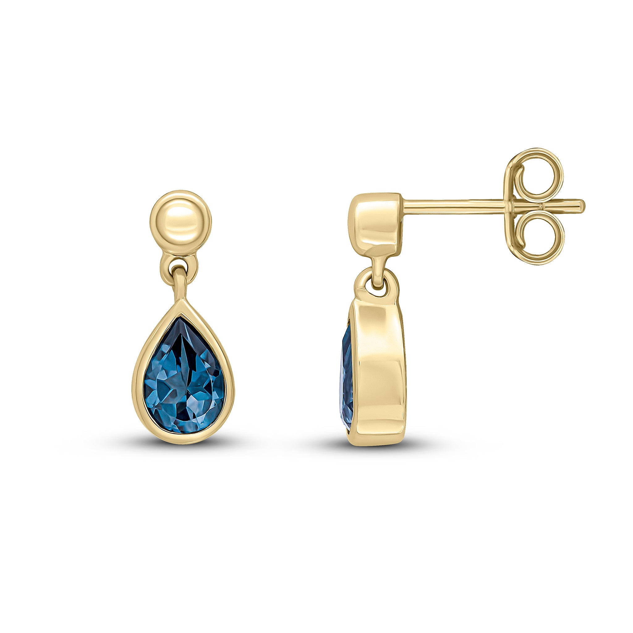 9ct Yellow Gold 6x4 Pear Shape London Blue Topaz Rubover Drop Earrings with 3mm Bead Top