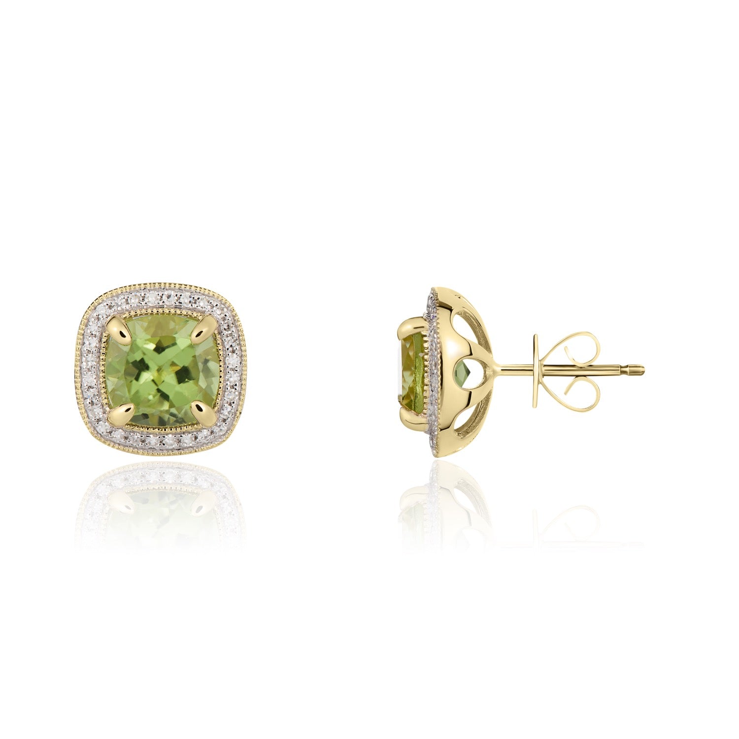 9ct Yellow Gold 7mm Cushion Peridot and Diamond Cluster Earrings with Milgrain Edge Rhodium to Diamonds