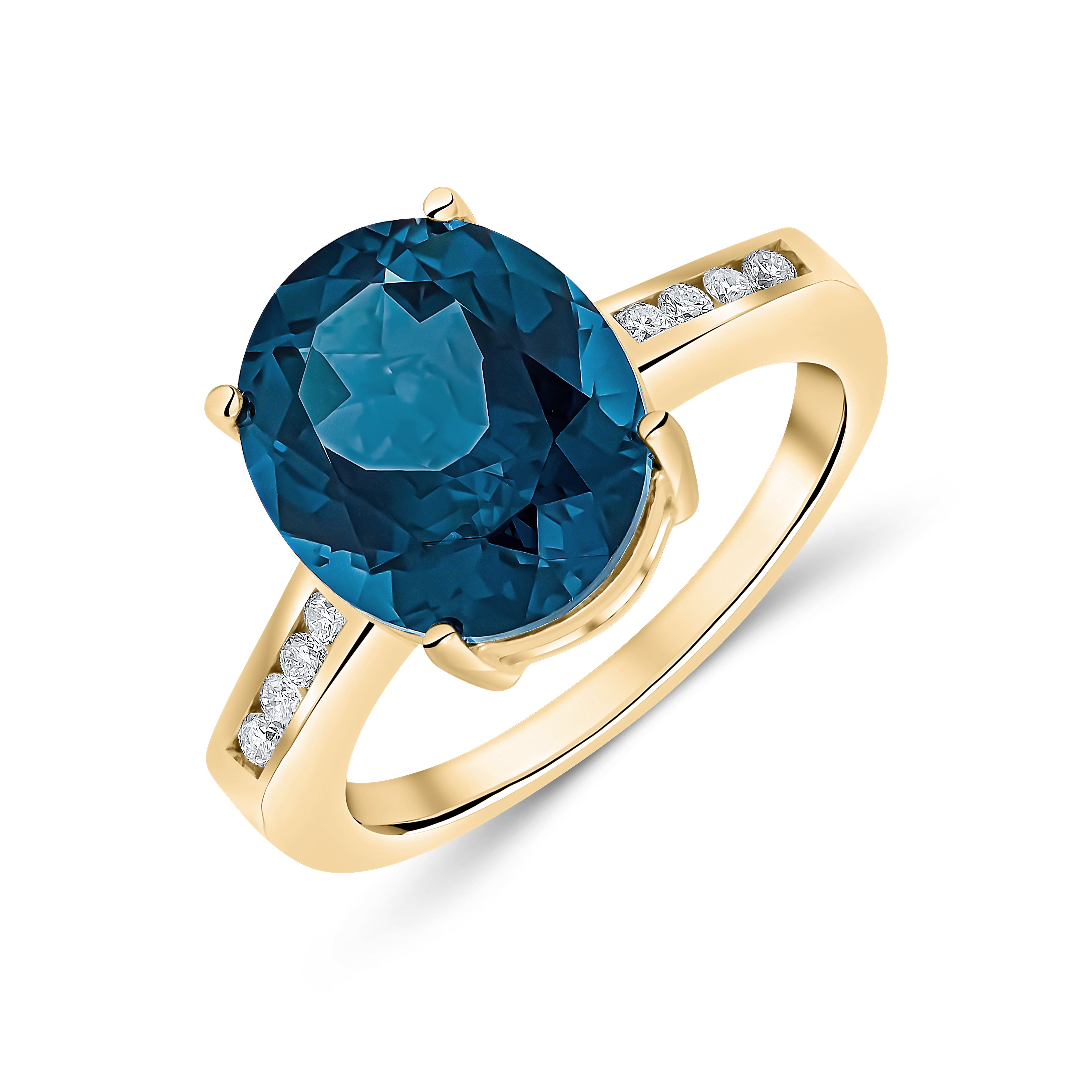 9ct Yellow Gold 12x10mm Claw Set Oval London Blue Topaz Single Stone Ring with Channel Set Diamond Shoulders