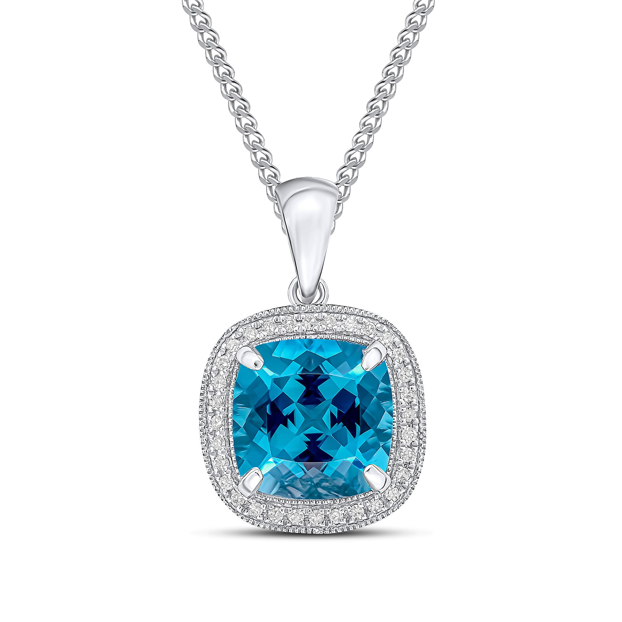 9ct White Gold 9mm Cushion Swiss Blue Topaz & Diamond Cluster Pendant Milgrain Edge