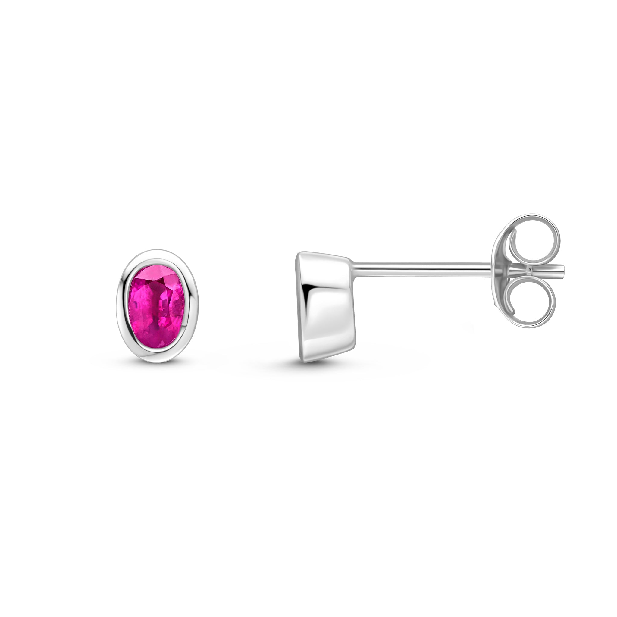 9ct White Gold 4x3 Oval Ruby Rubover Set Earrings