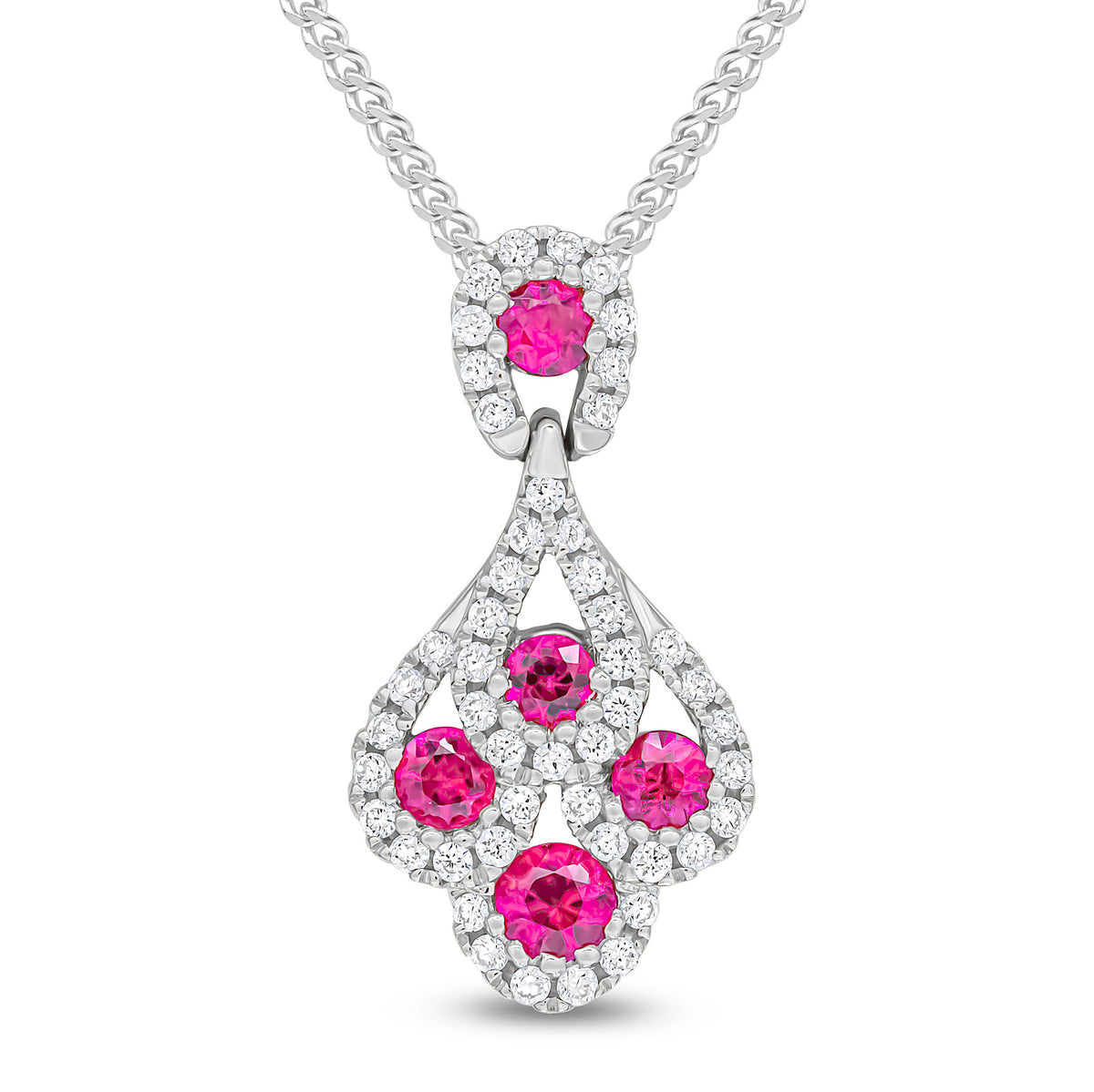 18ct White Gold Round Ruby and Diamond 'peacock' Pendant