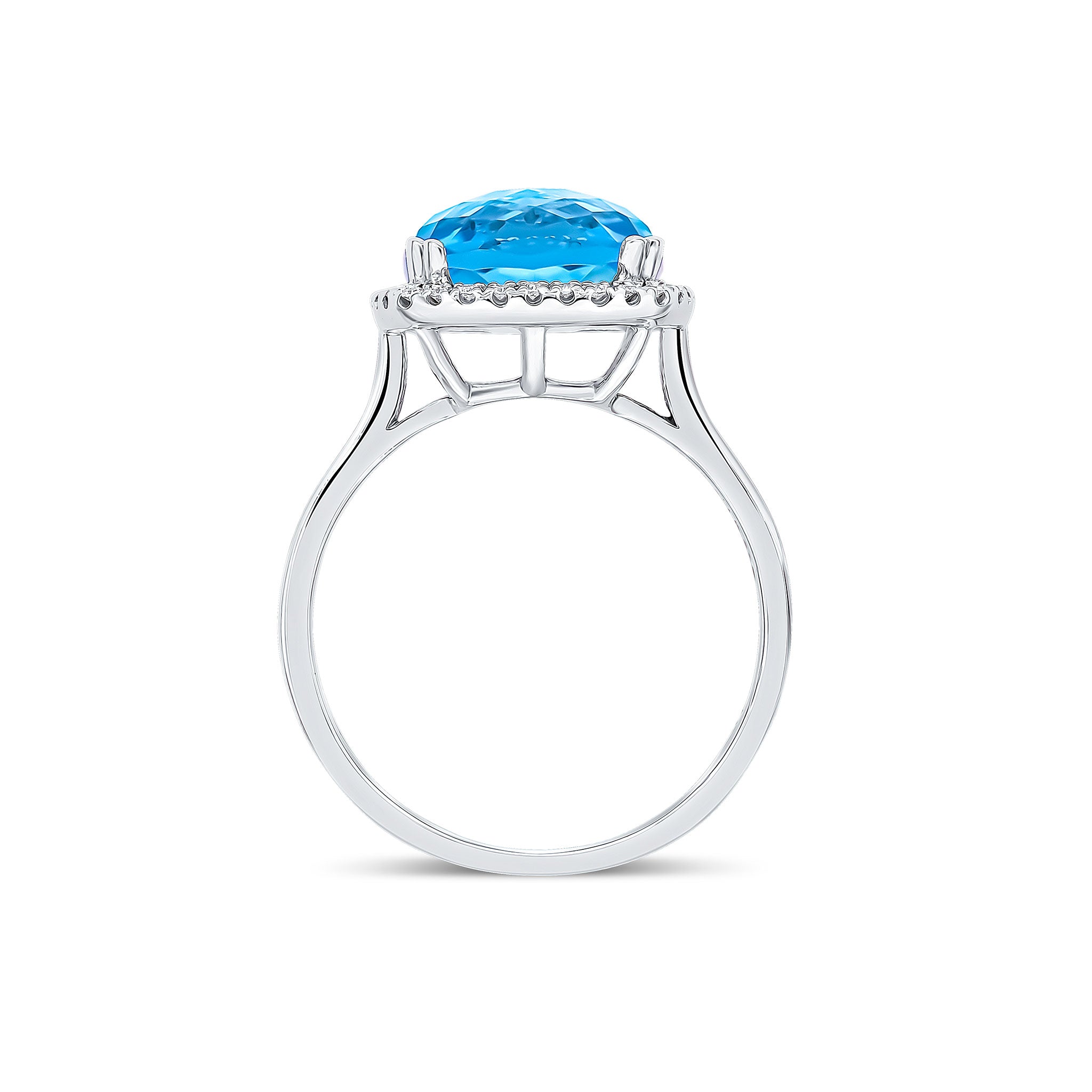 9CT WG 10MM CHECKERBOARD CUT CUSHION SWISS BLUE TOPAZ & DIAMOND CLAW SET CLUSTER RING 1