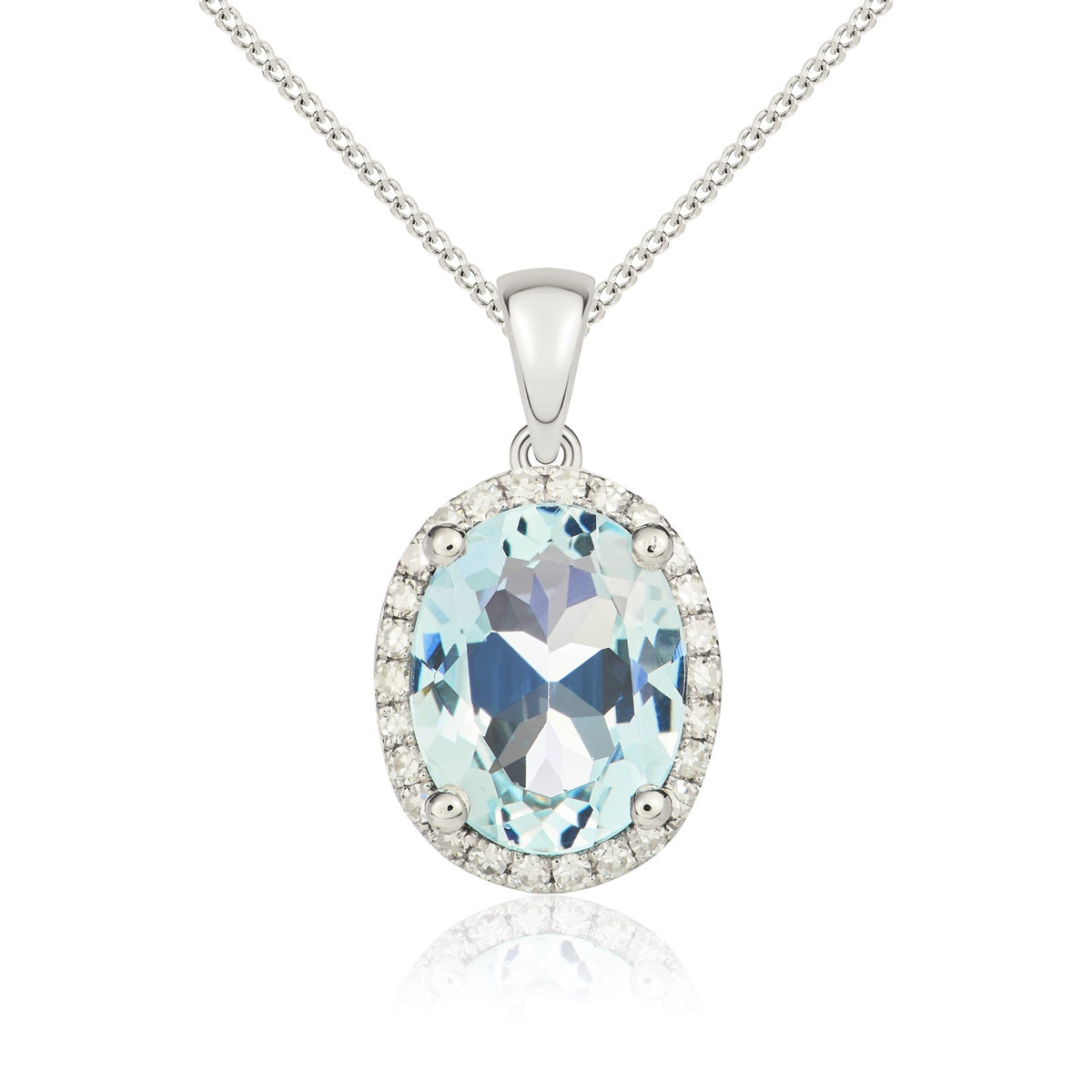 9ct White Gold Oval Aquamarine & Diamond Cluster Pendant