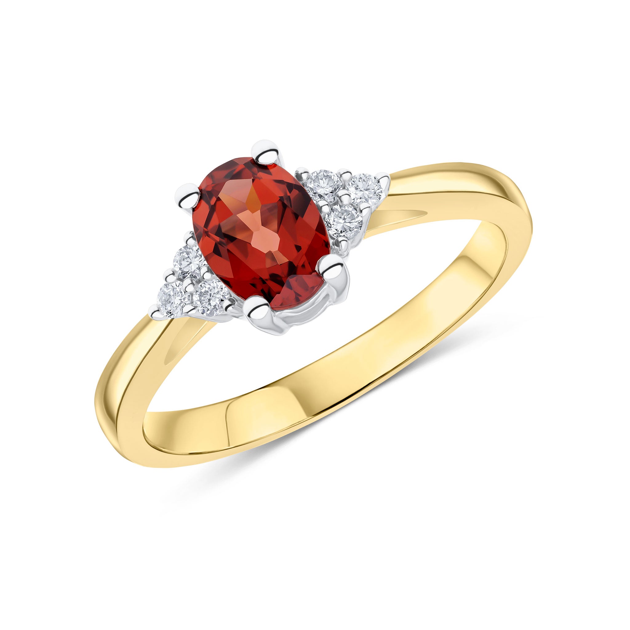 9CT YWG 7X5 OVAL GARNET & DIAMOND TREFOIL SHOULDERS RING 1
