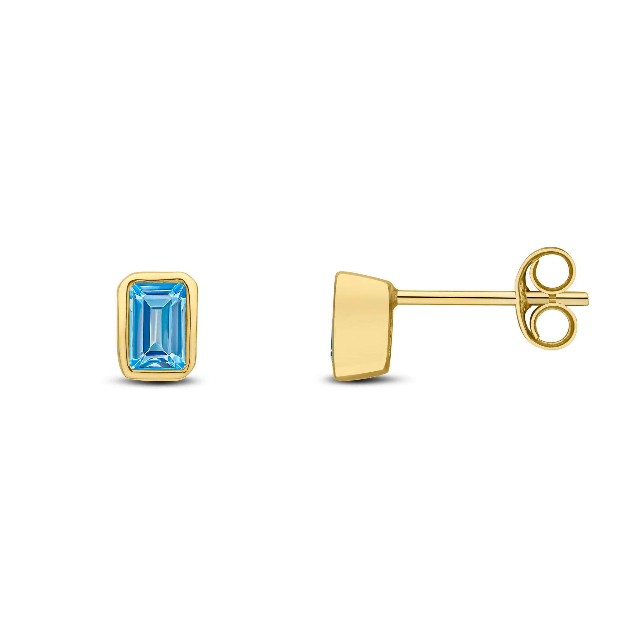 9ct Yellow Gold 5x3 Octagon Swiss Blue Topaz Rubover Set Earrings