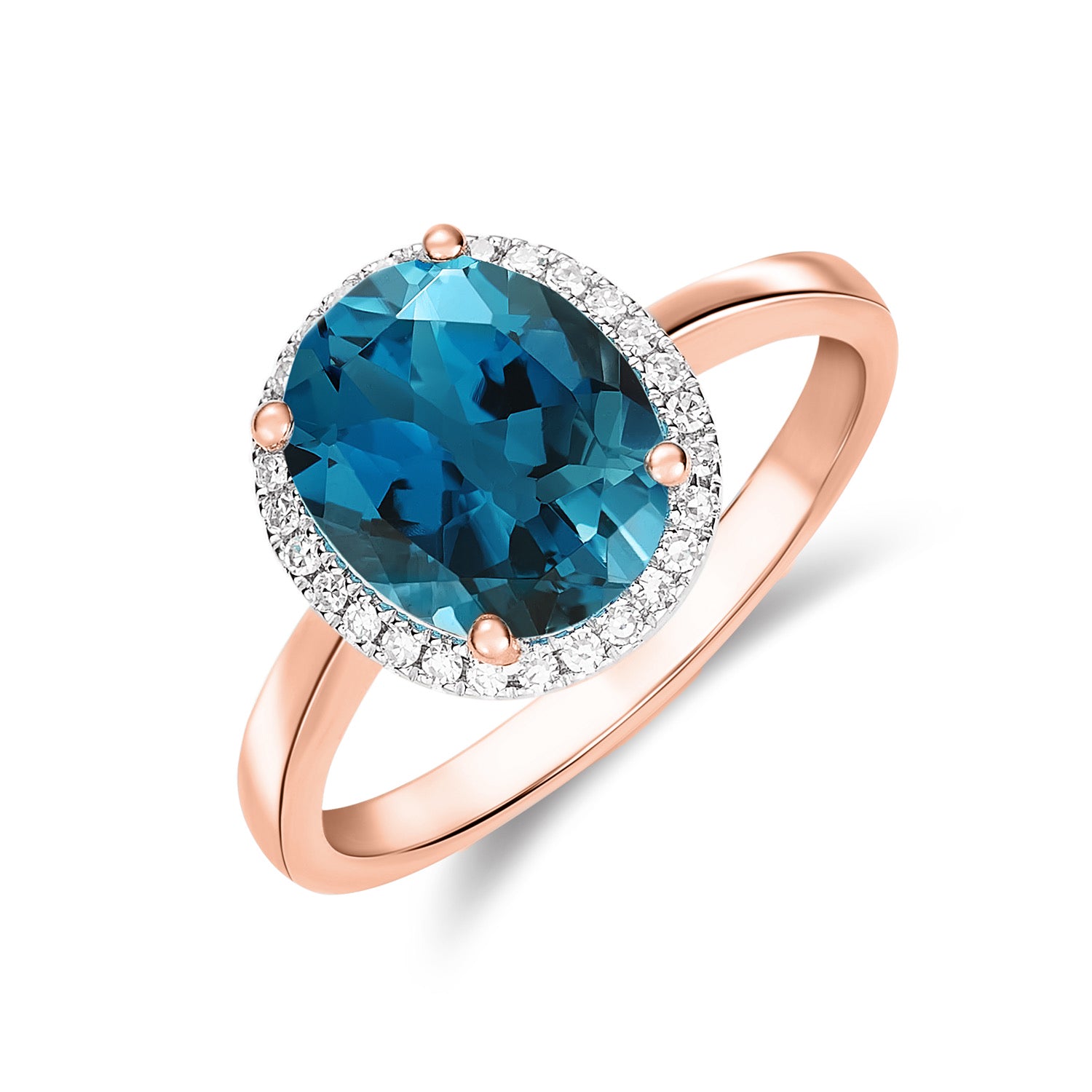 9ct Rose Gold 10x8 Oval London Blue Topaz and Diamond Claw Set Cluster Ring Rhodium to Diamonds