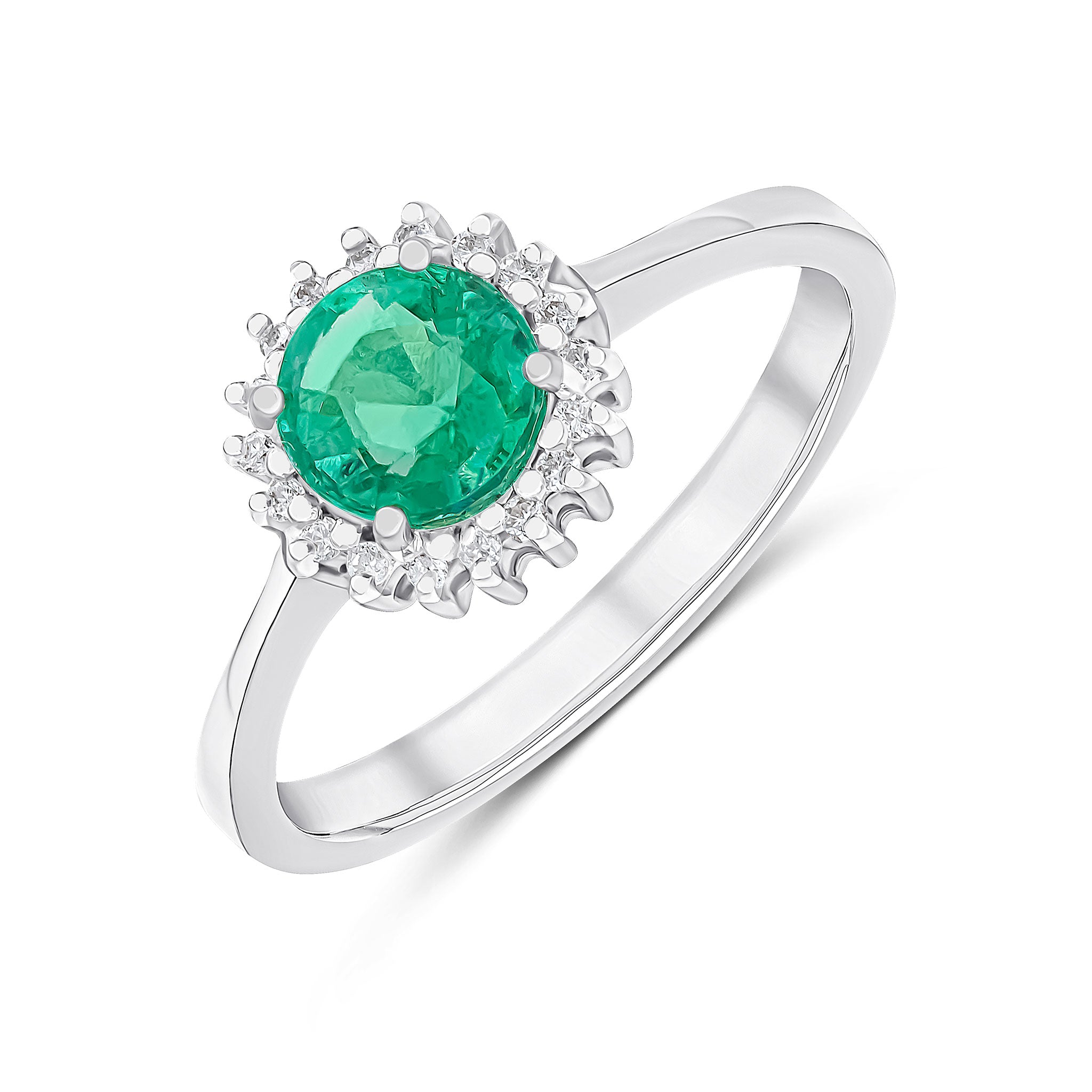 9ct White Gold 6mm Round Emerald & Diamond Claw Set Cluster Ring