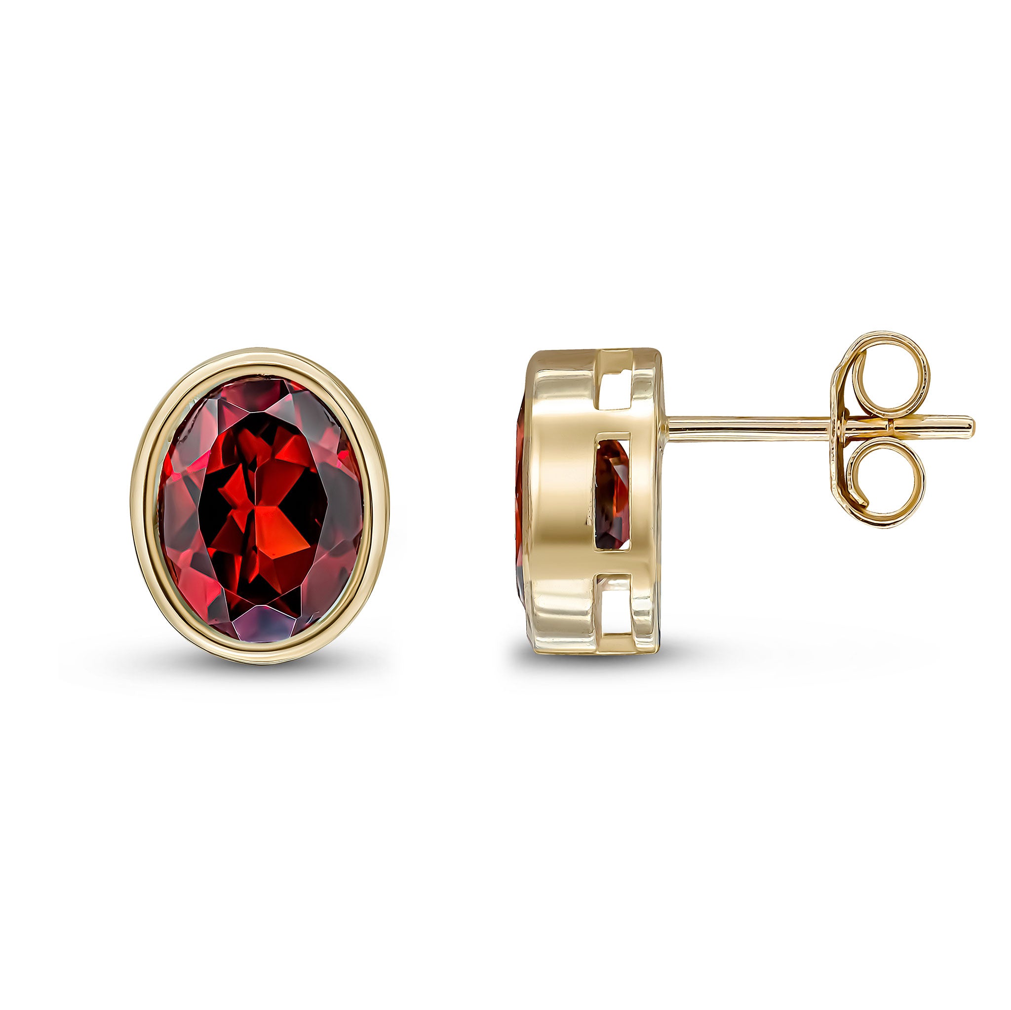 9ct Yellow Gold 9x7 Oval Garnet Rubover Earrings