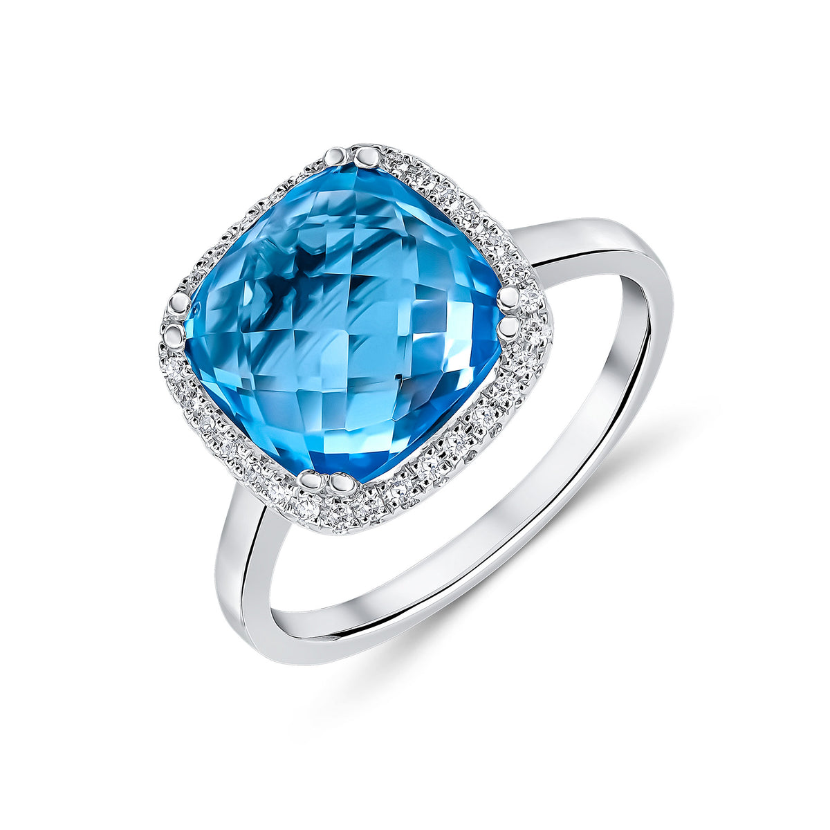 9ct White Gold 10mm Checkerboard Cut Cushion Swiss Blue Topaz & Diamond Claw Set Cluster Ring