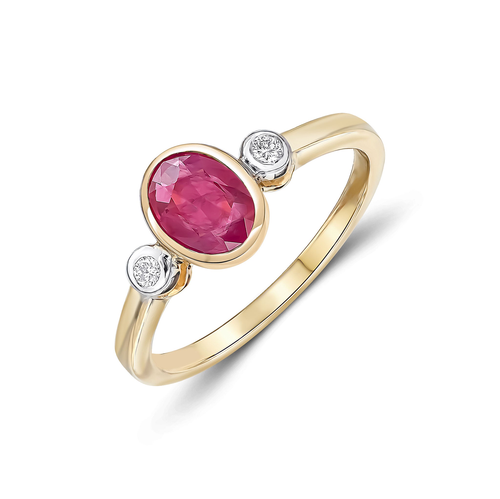 9CT YG 7X5 OVAL RUBY AND ROUND DIAMOND 3ST RUBOVER RING. RHODIUM TO DIAMONDS 1