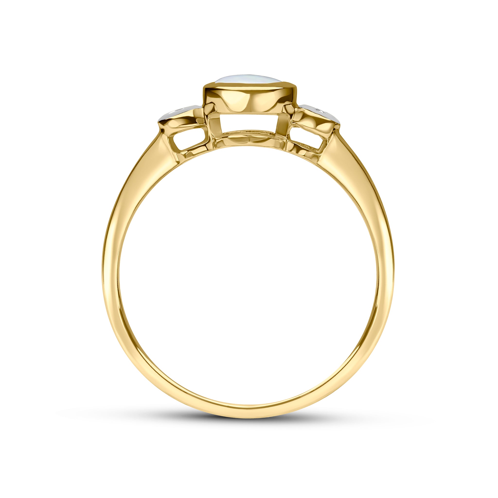 9CT YG 5MM ROUND OPAL AND DIAMOND RUBOVER 3ST RING. RHODIUM TO DIAMONDS 1