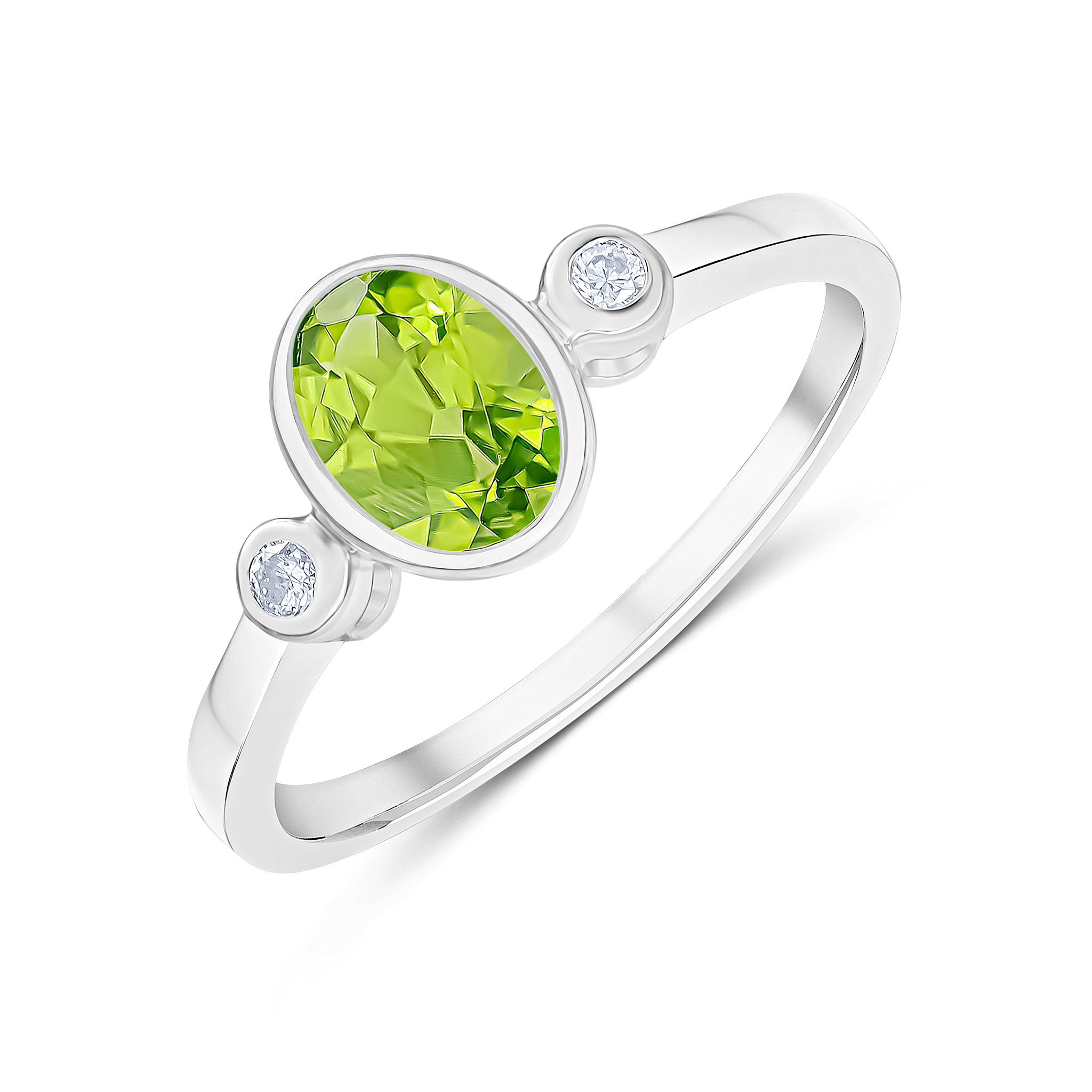 9CT WG 7X5 OVAL PERIDOT & ROUND DIAMOND RUBOVER 3 STONE RING. 1