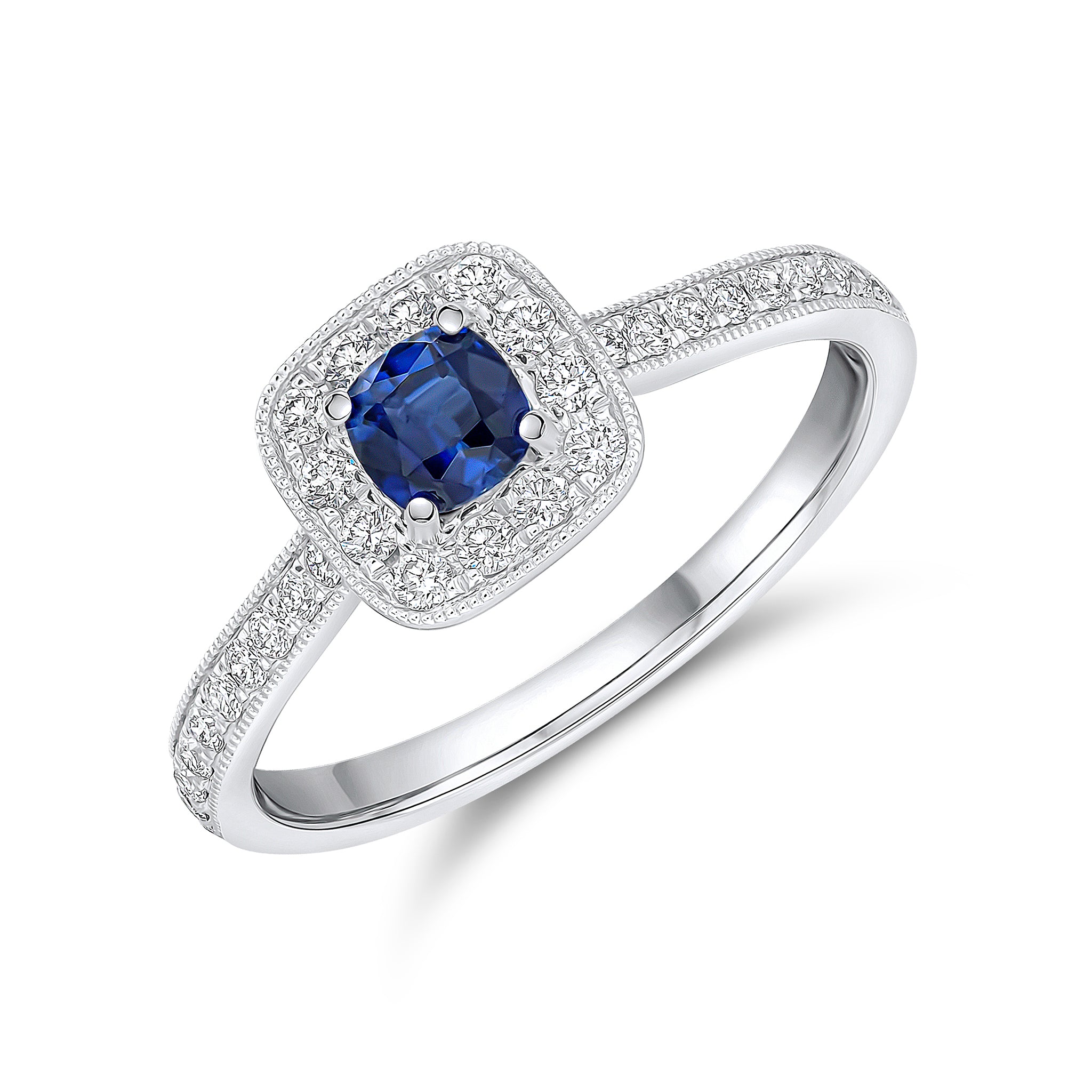 18wg Cushion Sapphire & Diamond Cluster Ring with Diamond Shoulders