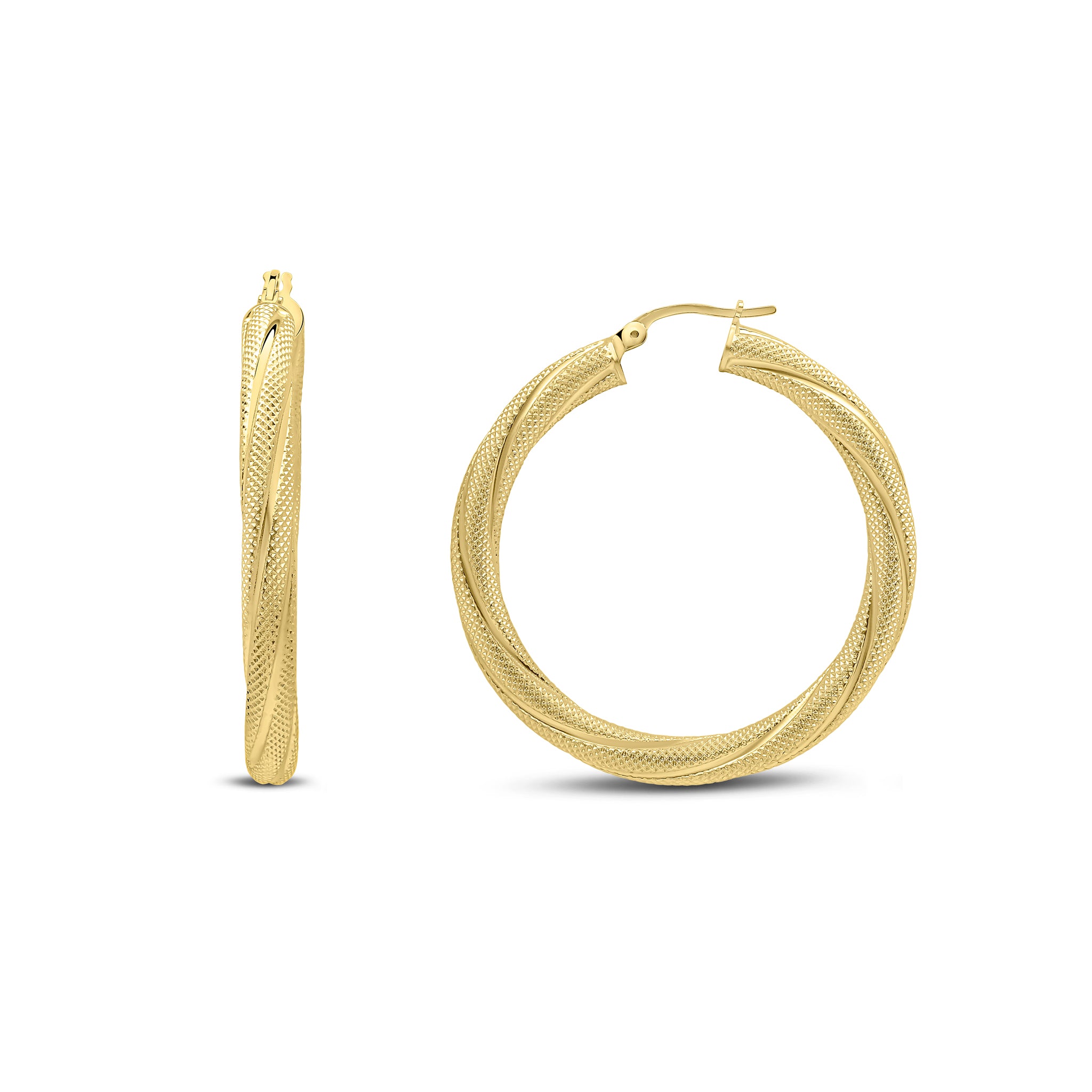 18ct Yellow Gold Thick Textured Finish Twist Round Hoop Earrings