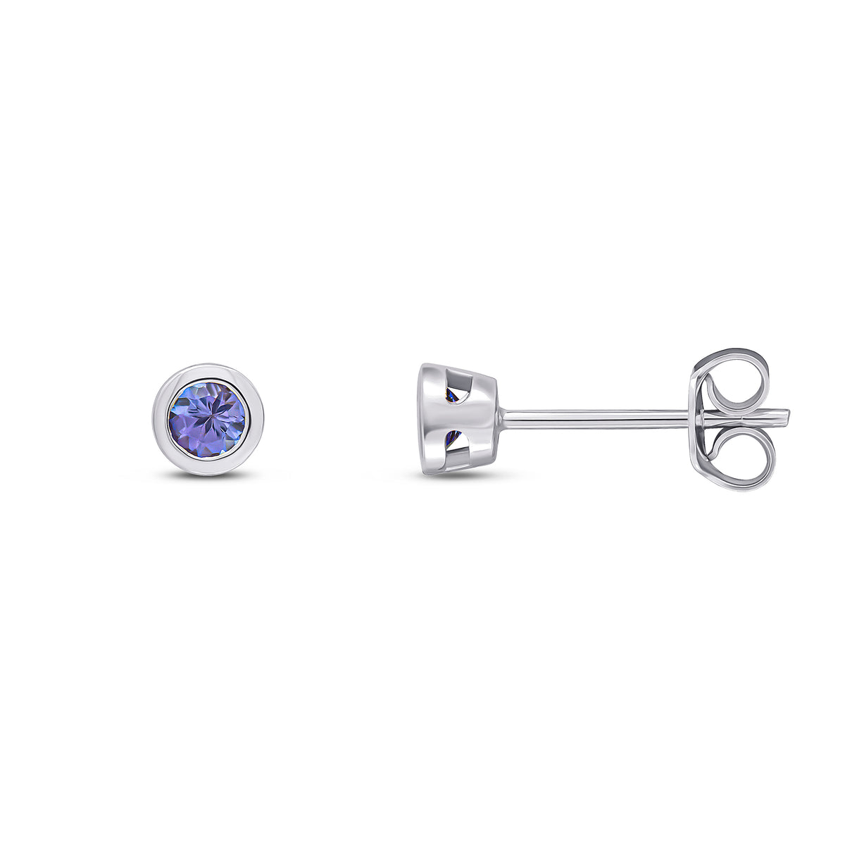 9ct White Gold 3mm Round Tanzanite Rubover Earrings