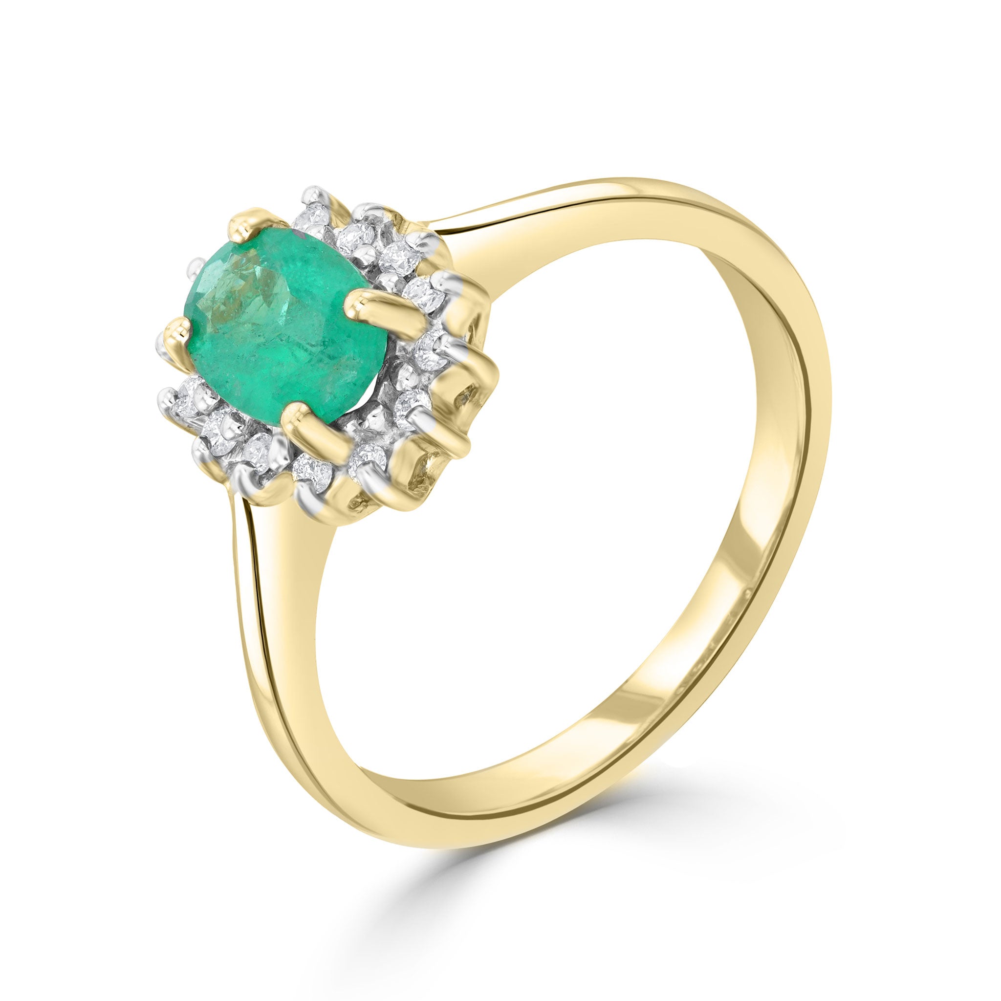 9ct Yellow Gold 7x5 Oval Emerald & Diamond Claw Set Cluster Ring Rhodium to Diamonds