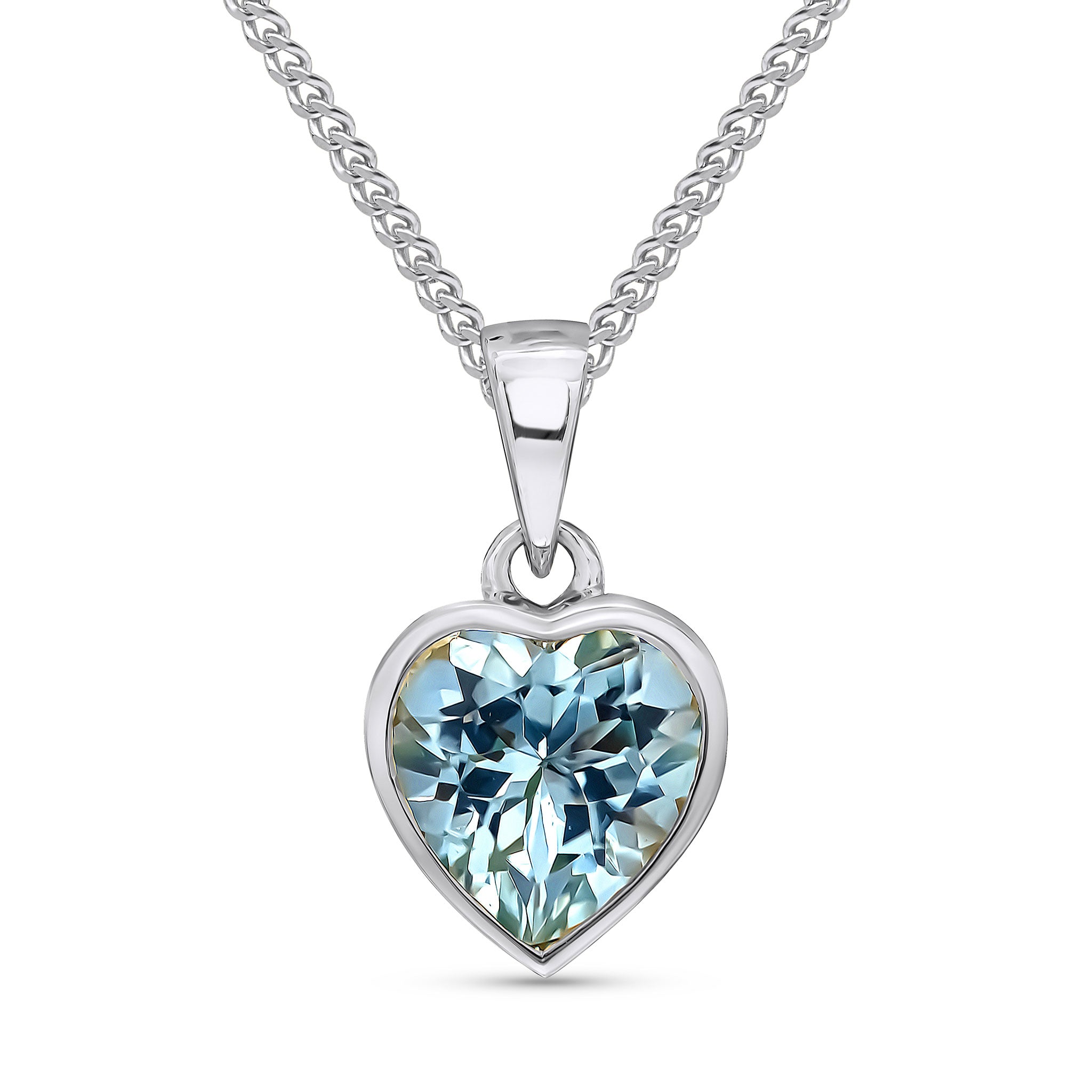 9ct white gold 8mm Heart aquamarine rubover Single Stone pendant