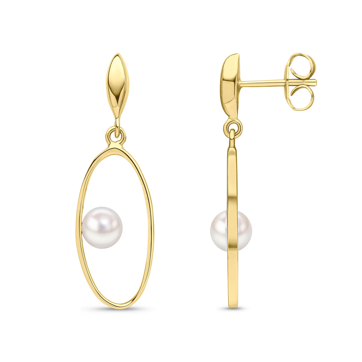 9ct Yellow Gold Open Oval Drop Earrings with 5mm Fw Pearl to The Side Marquise Shape Stud Top