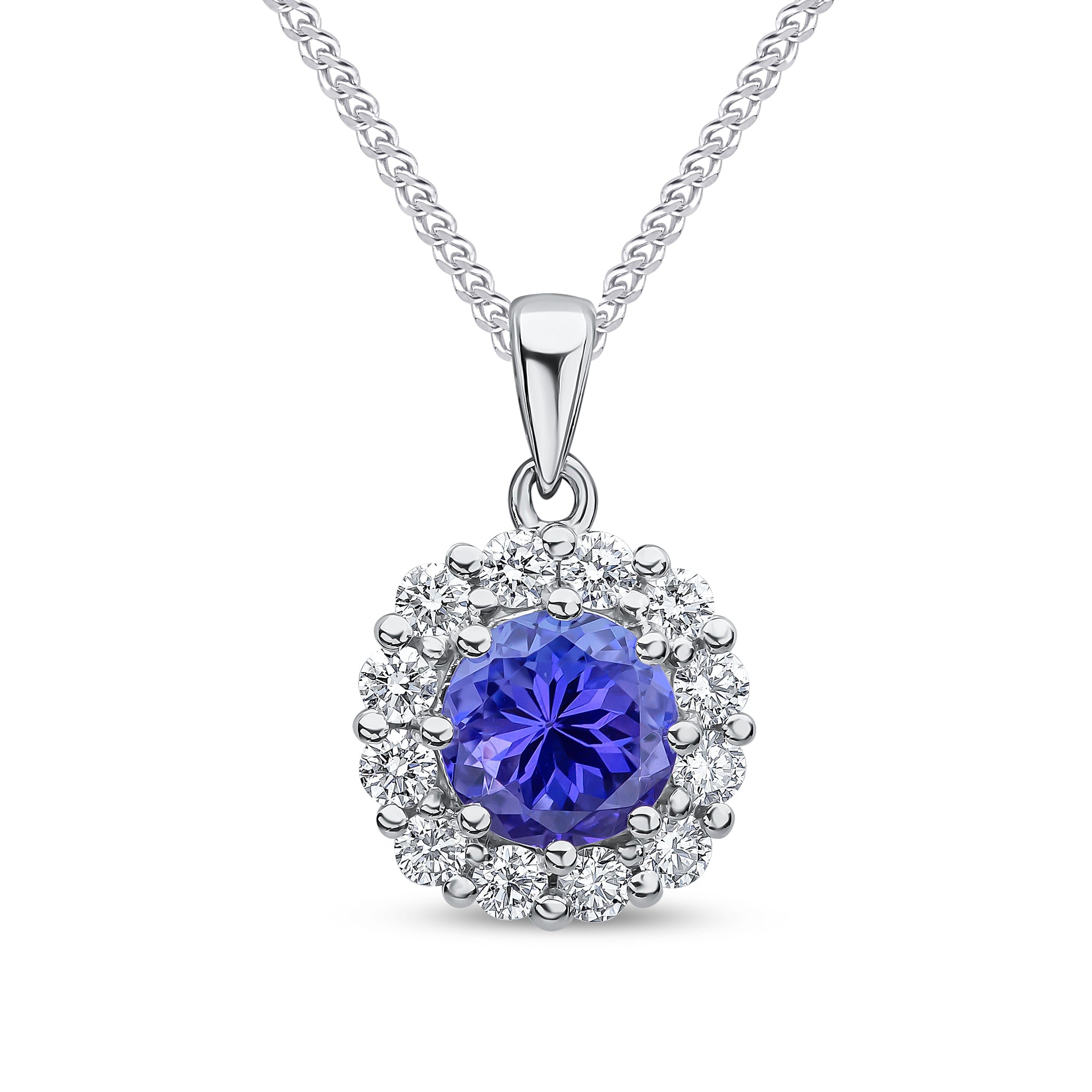18ct White Gold 6mm Round Tanzanite and Diamond Claw Cluster Pendant