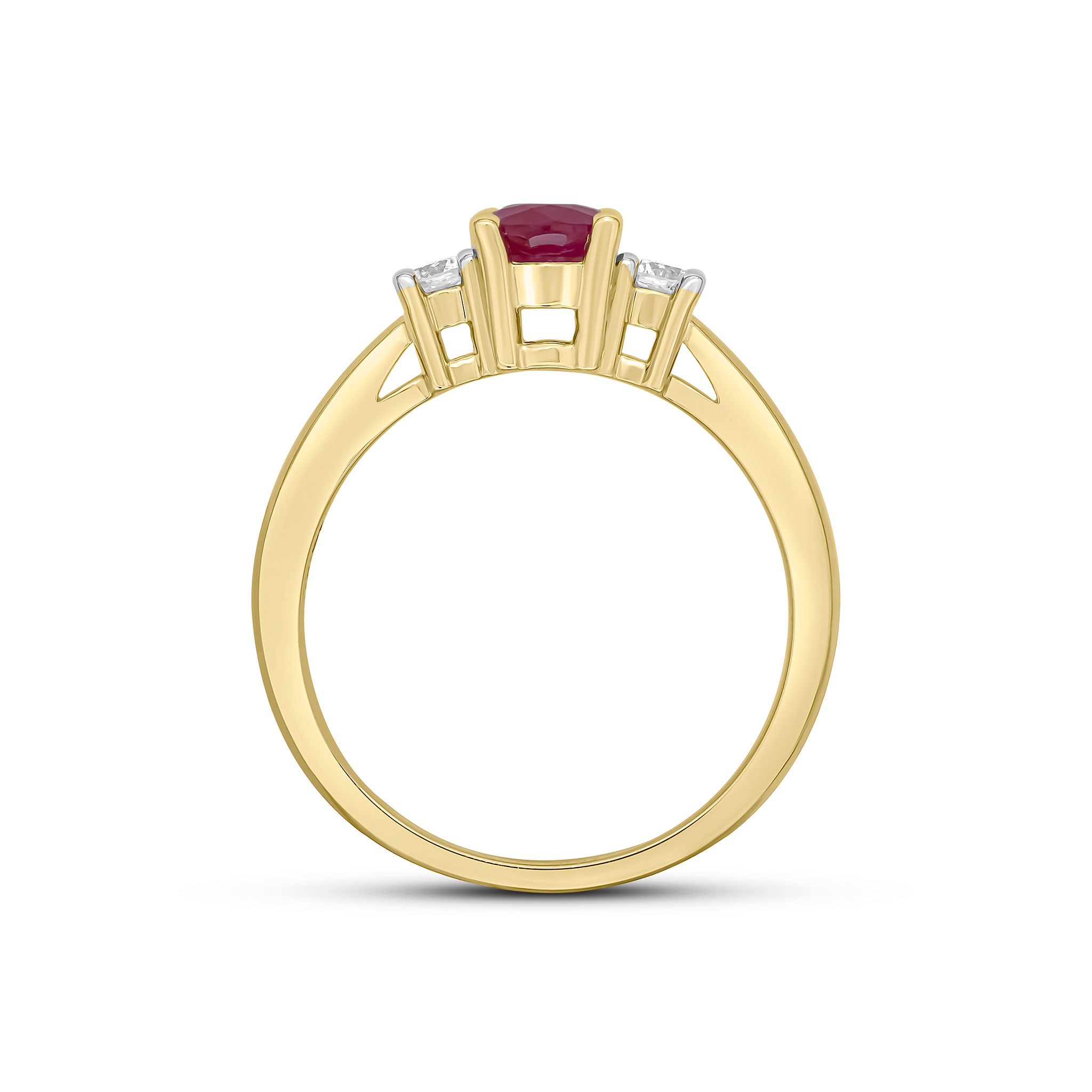 9CT YELLOW GOLD OVAL RUBY AND ROUND DIAMOND CLAW SET 3ST RING. RHODIUM TO DIAMONDS 1