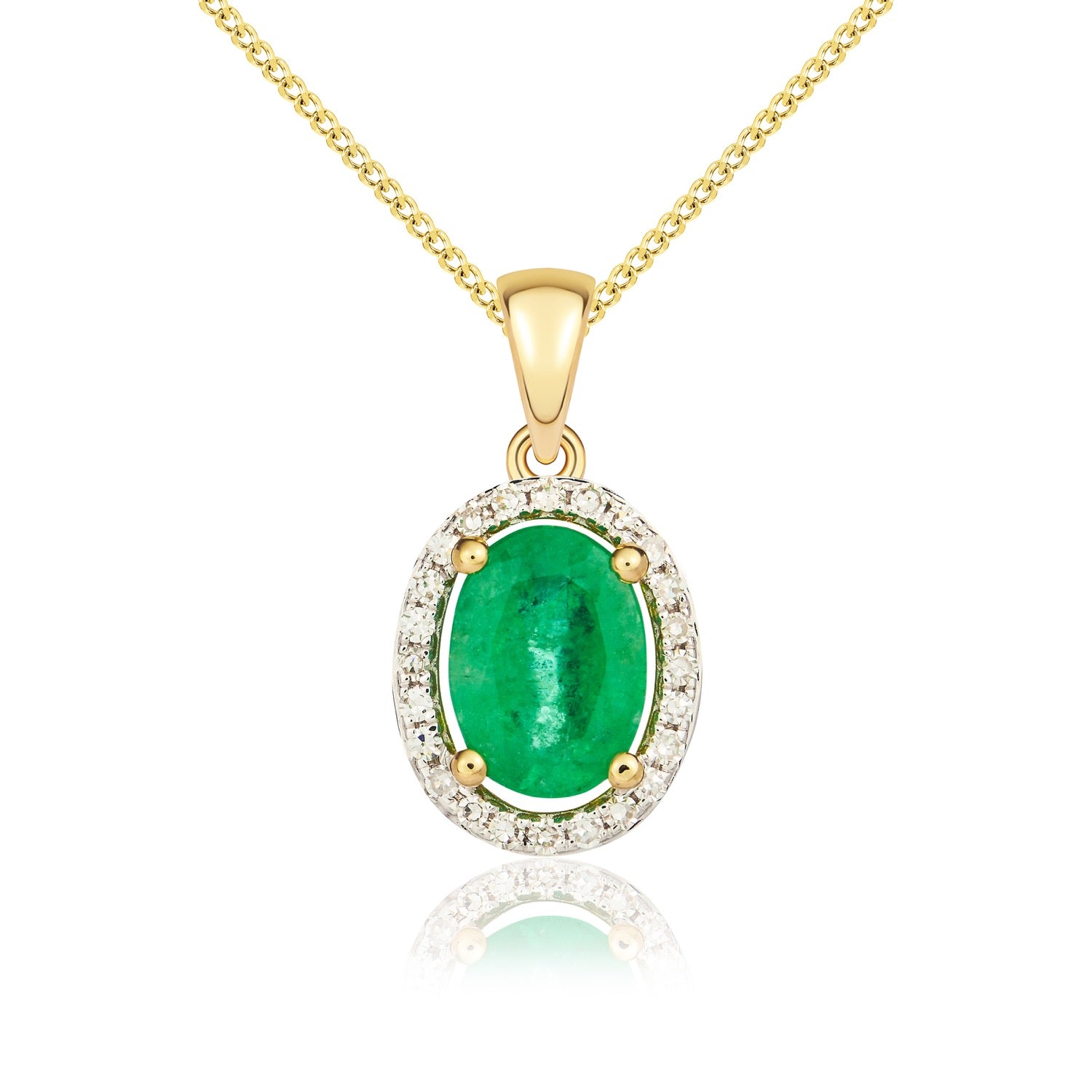 9ct Yellow Gold 7x5mm Oval Emerald and Diamond Halo Cluster Pendant Rhodium to Diamonds