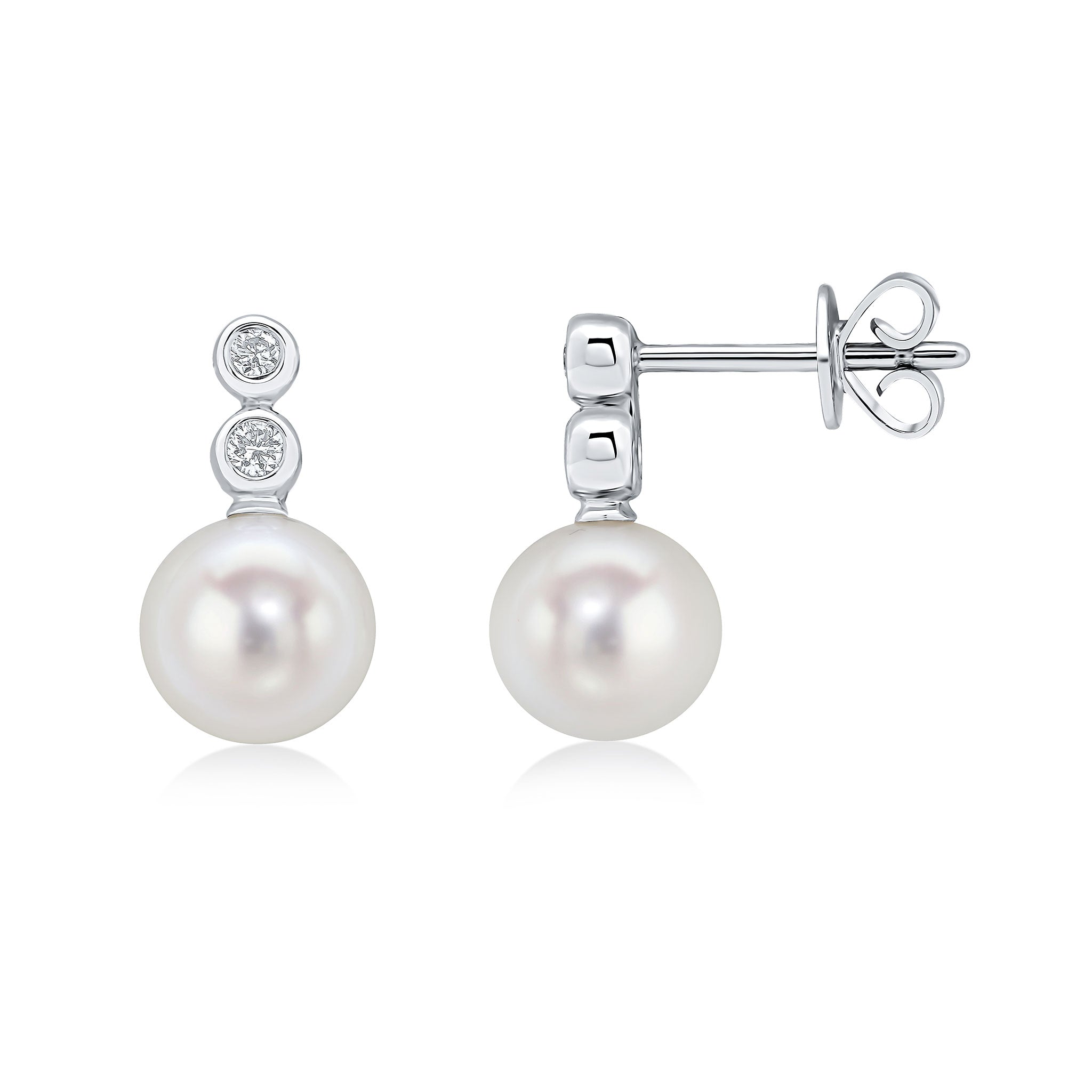 18wg Diamond & Fw Pearl 3 Stone Rubover Stud Earrings