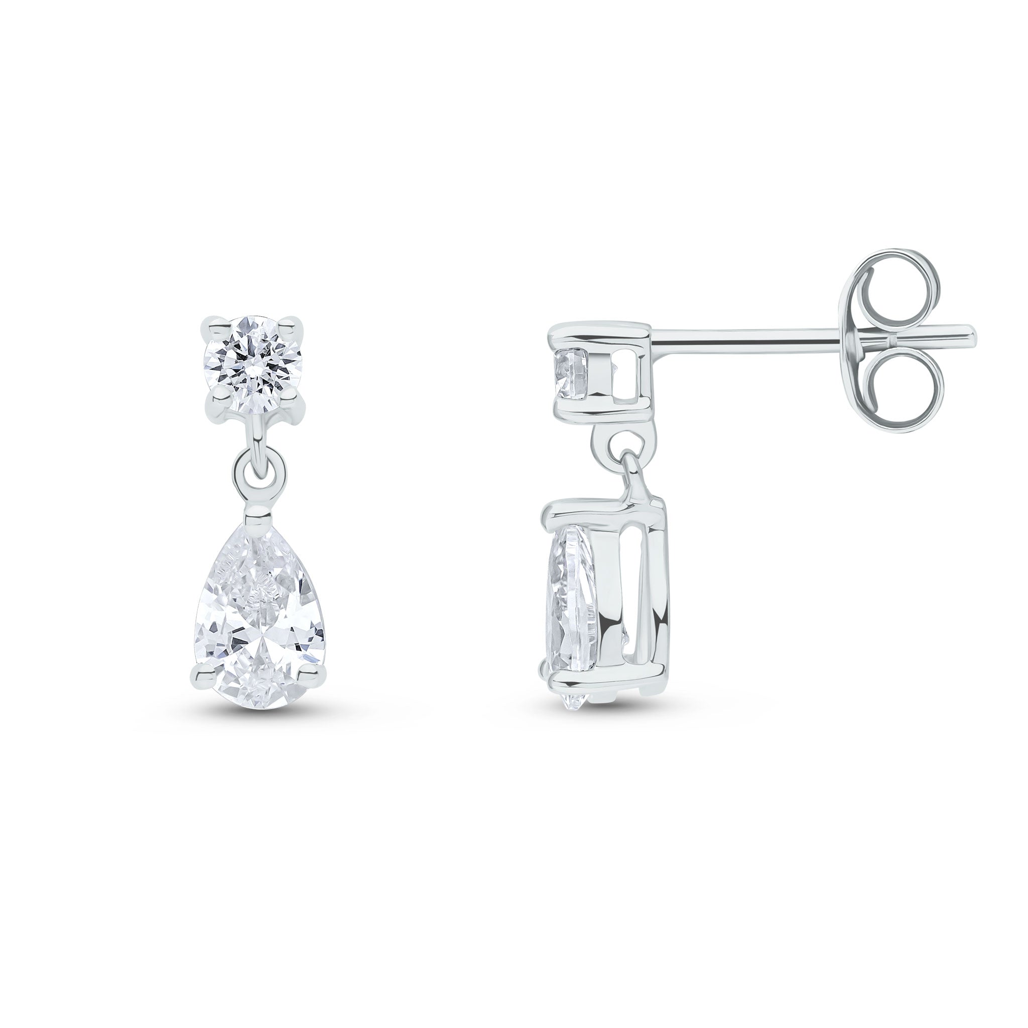 9ct White Gold Round and Pear Shape CZ 2 Stone Claw Set Drop Earrings
