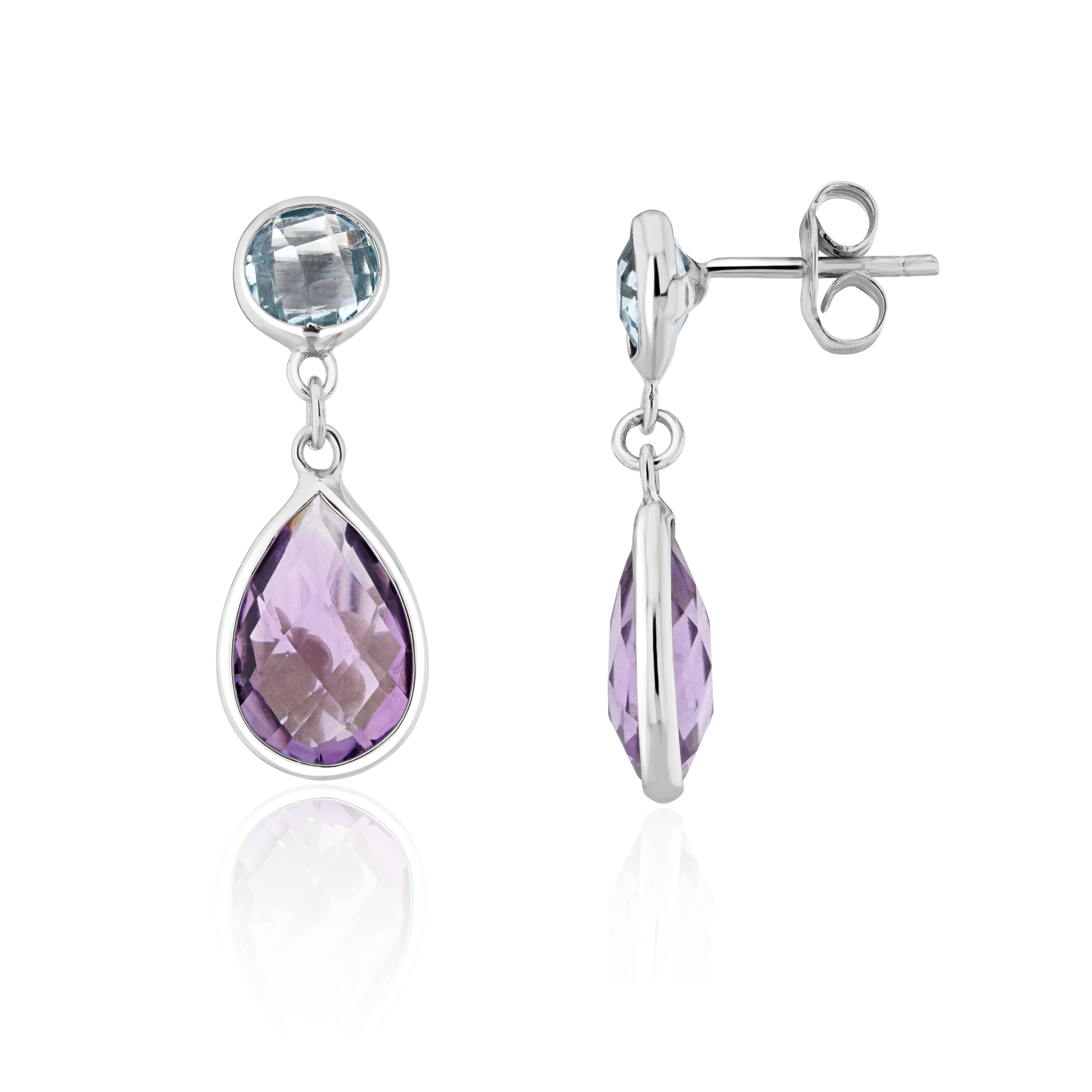 9ct White Gold Round Blue Topaz and Pear Shape Amethyst Checkerboard Cut Rubover 2 Stone Drop Earrings