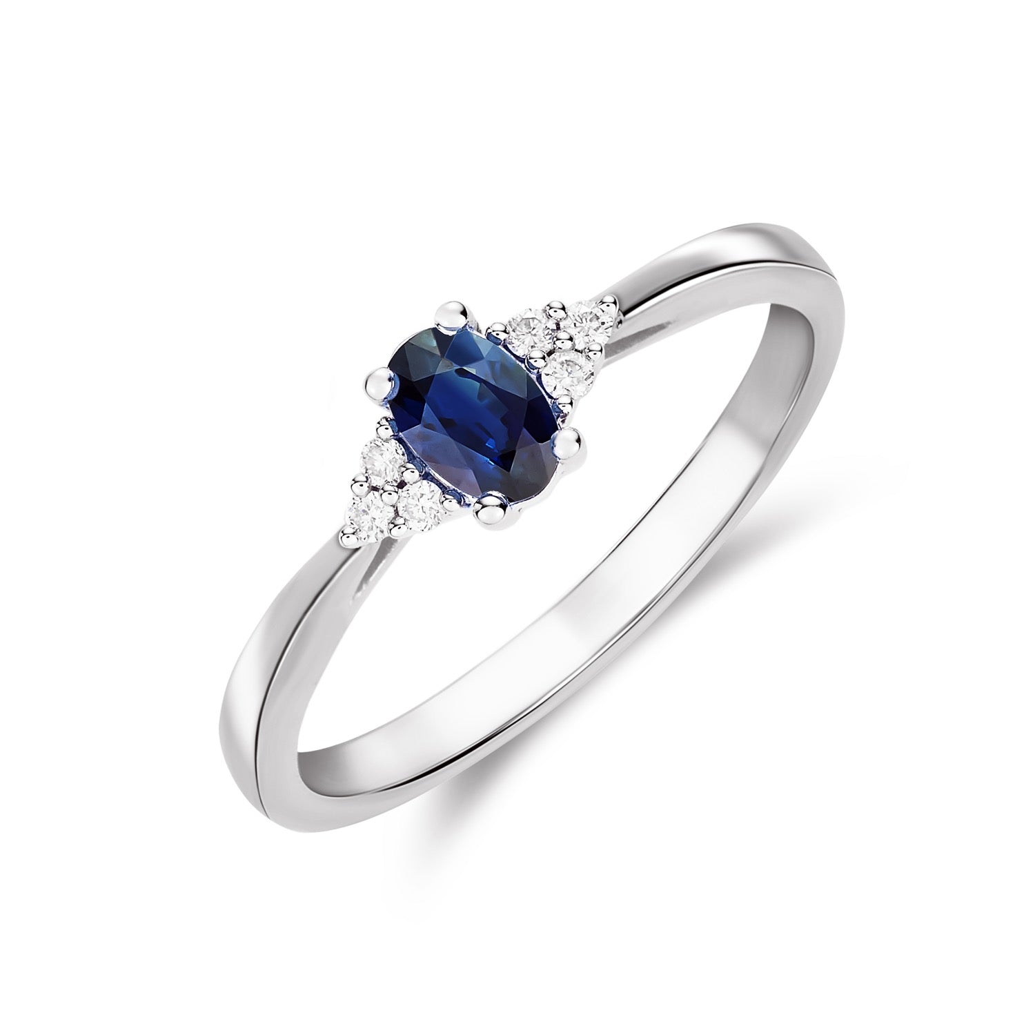 9ct White Gold 6x4 Oval Sapphire and Diamond Trefoil Shoulders Claw Set Ring