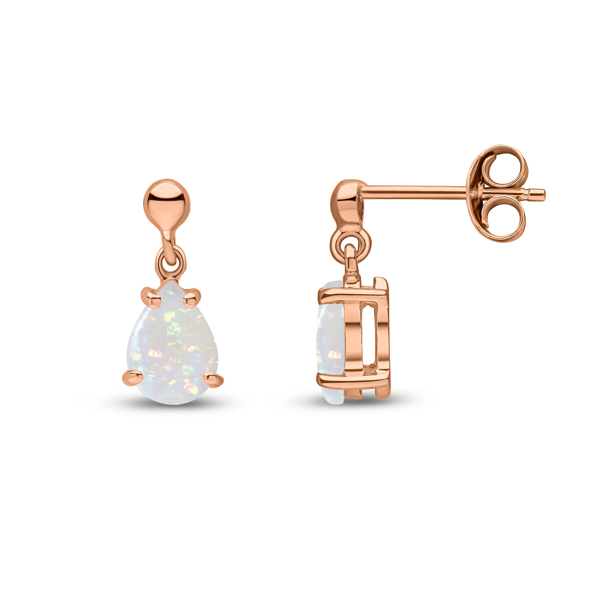 9ct Rose Gold 7x5 Pear Shape Opal Claw Set Drop Earrings with Bead Top
