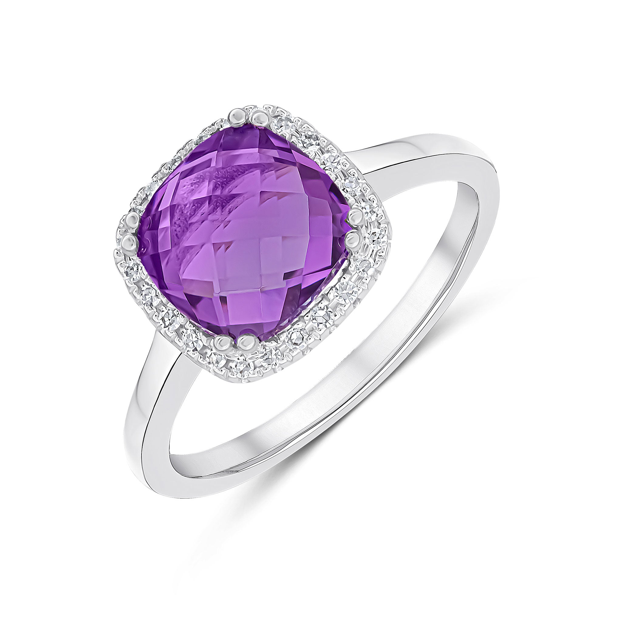 9ct White Gold 8mm Checkerboard Cut Cushion Amethyst and Round Diamond Claw Set Cluster Ring