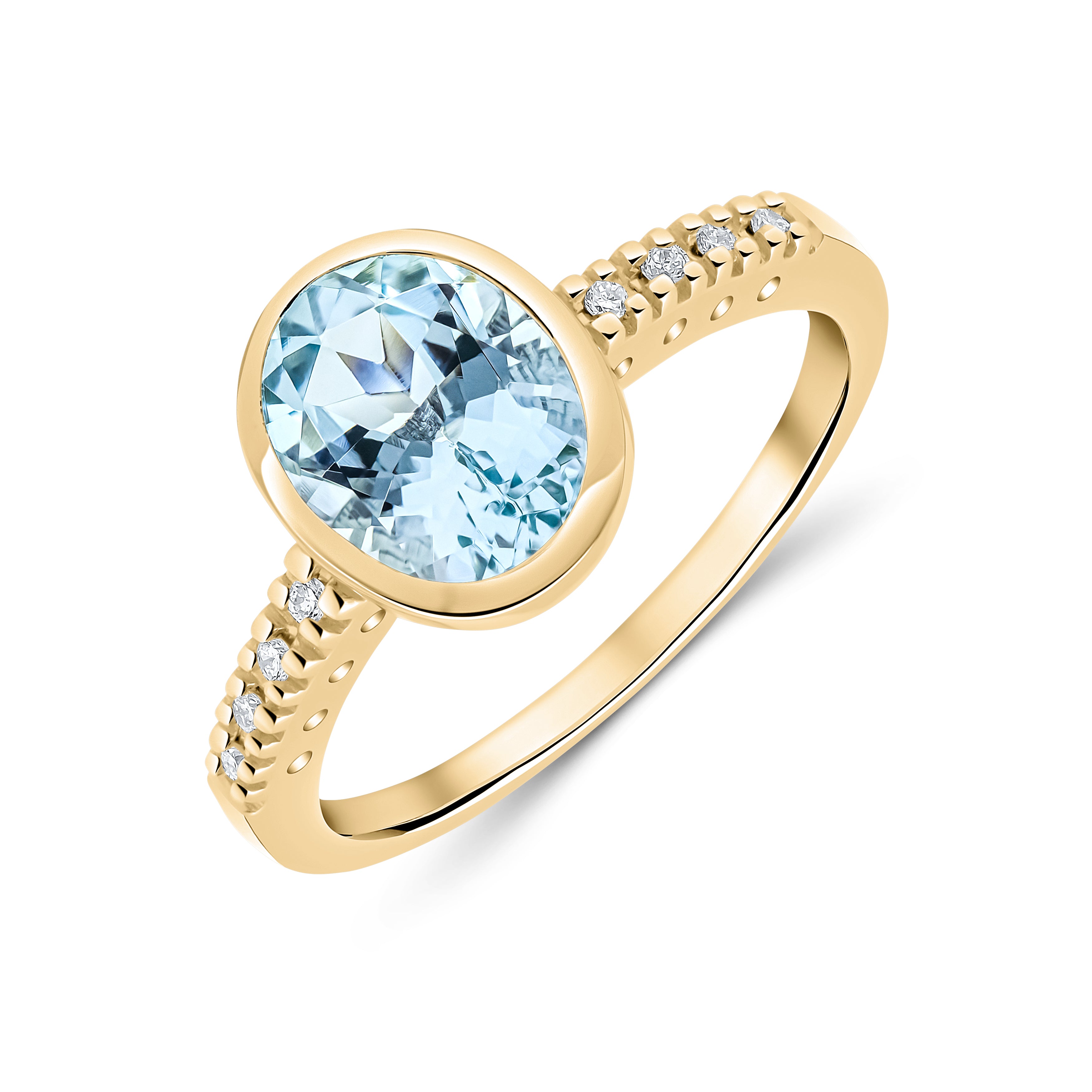 9ct Yellow Gold Rubover 9x7 Oval Aquamarine Single Stone Ring with Claw Set Diamond Shoulders Rhodium to Diamonds