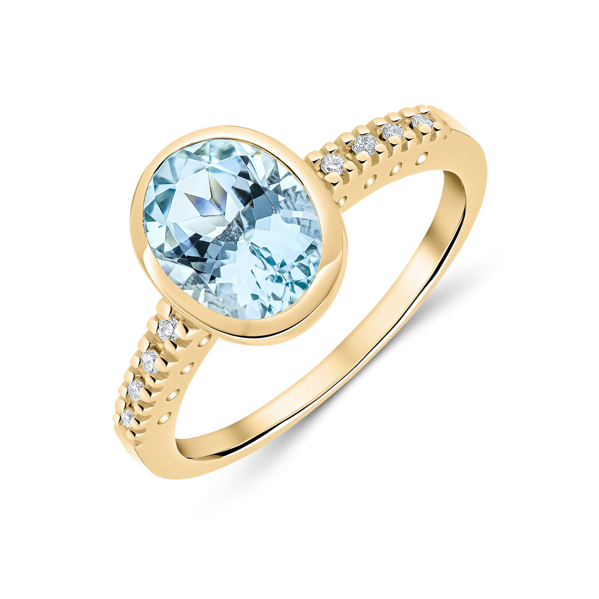 9ct Yellow Gold Rubover 9x7 Oval Aquamarine Single Stone Ring with Claw Set Diamond Shoulders Rhodium to Diamonds