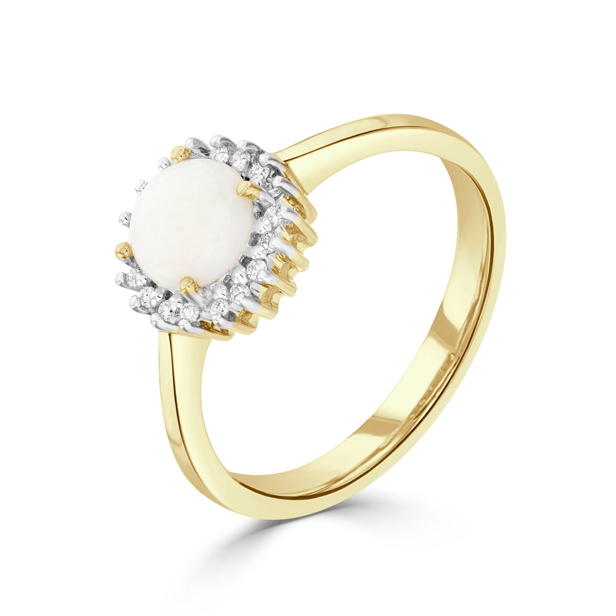 9ct Yellow Gold 6mm Round Opal & Diamond Claw Set Cluster Ring Rhodium to Diamonds