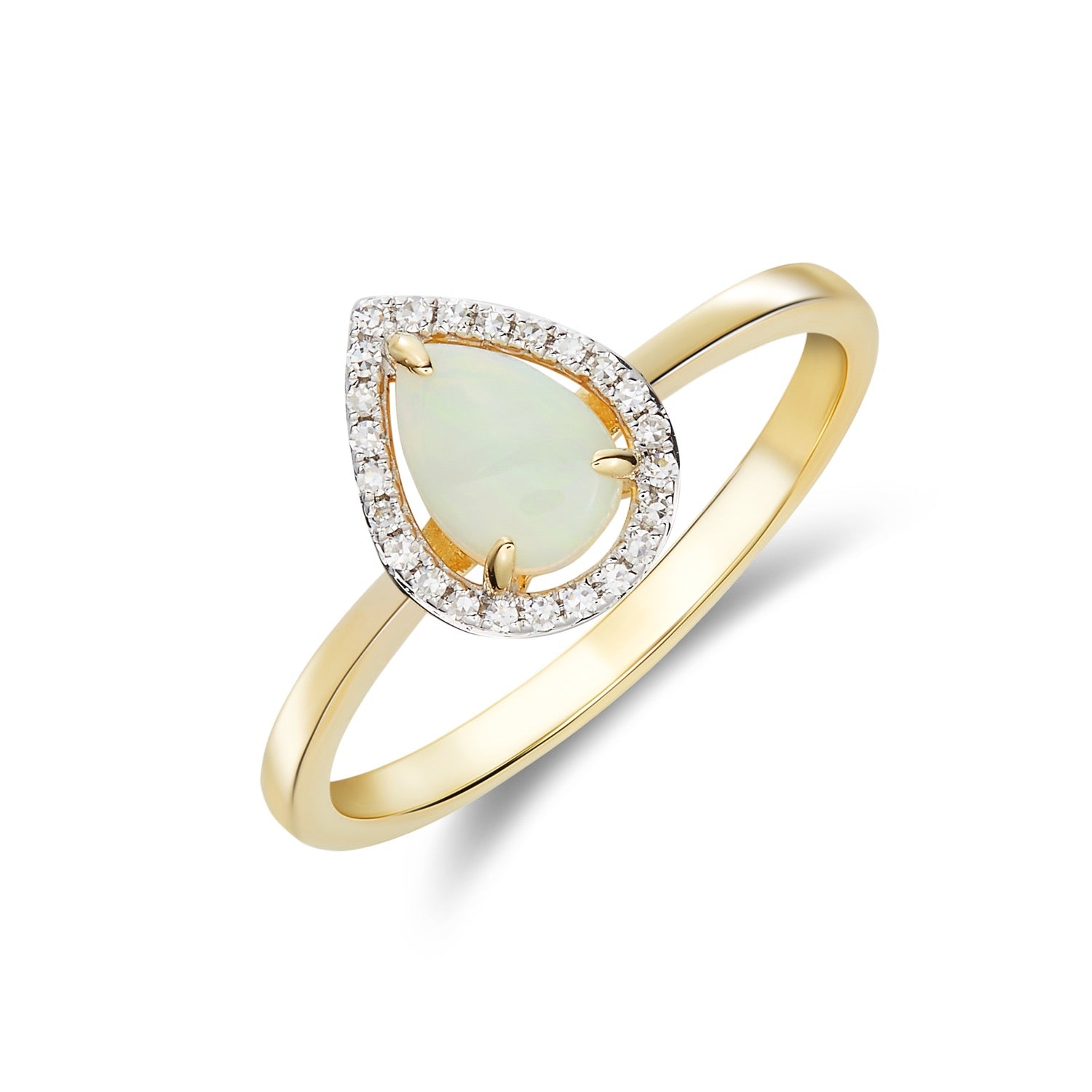 9CT YG 7X5 PEARSHAPE OPAL & DIAMOND HALO CLAW CLUSTER RING. RHODIUM TO DIAMONDS 1