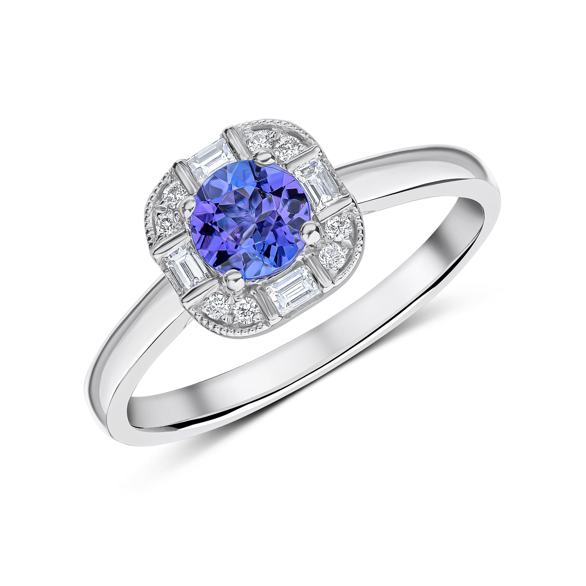 18ct White Gold Round Tanzanite and Round and Baguette Diamond Fancy Cluster Ring