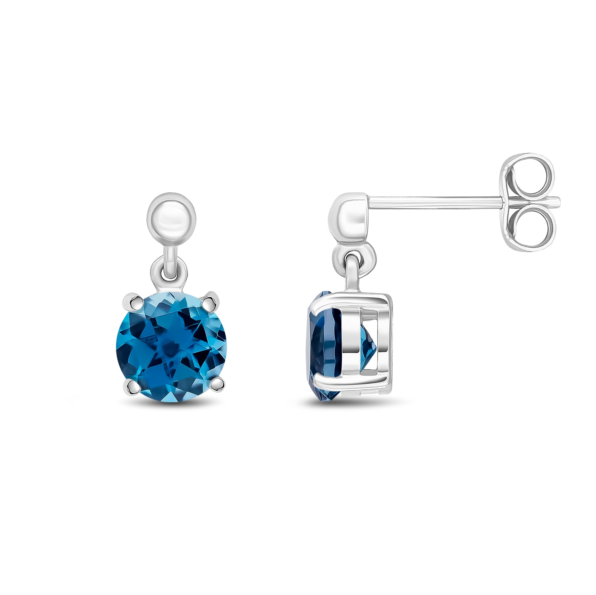 9ct White Gold 6mm Round London Blue Topaz Claw Set Drop Earrings with Bead Top