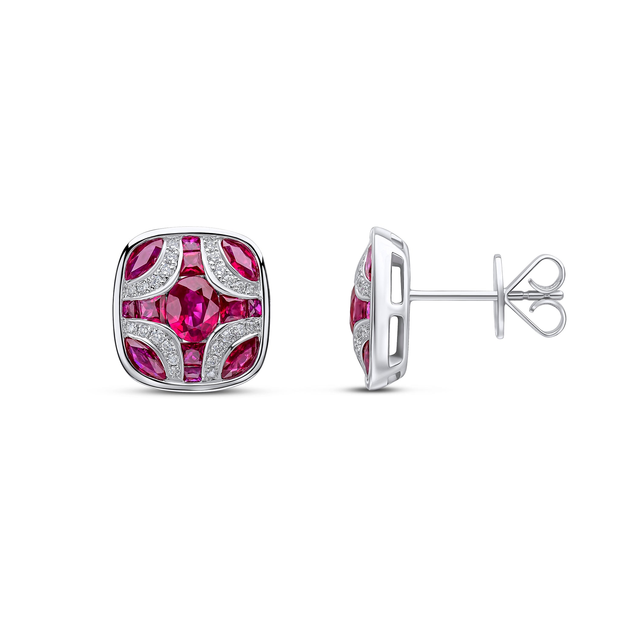 18ct White Gold Ruby and Diamond Shield Stud Earrings