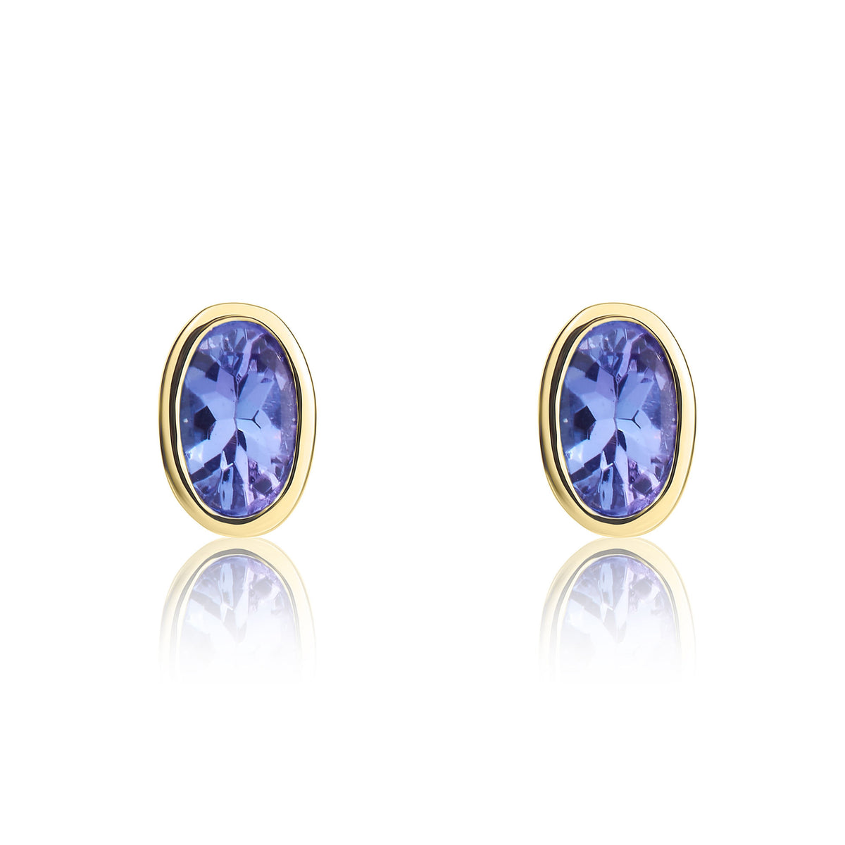 9ct Yellow Gold 4x3 Oval Tanzanite Rubover Set Earrings