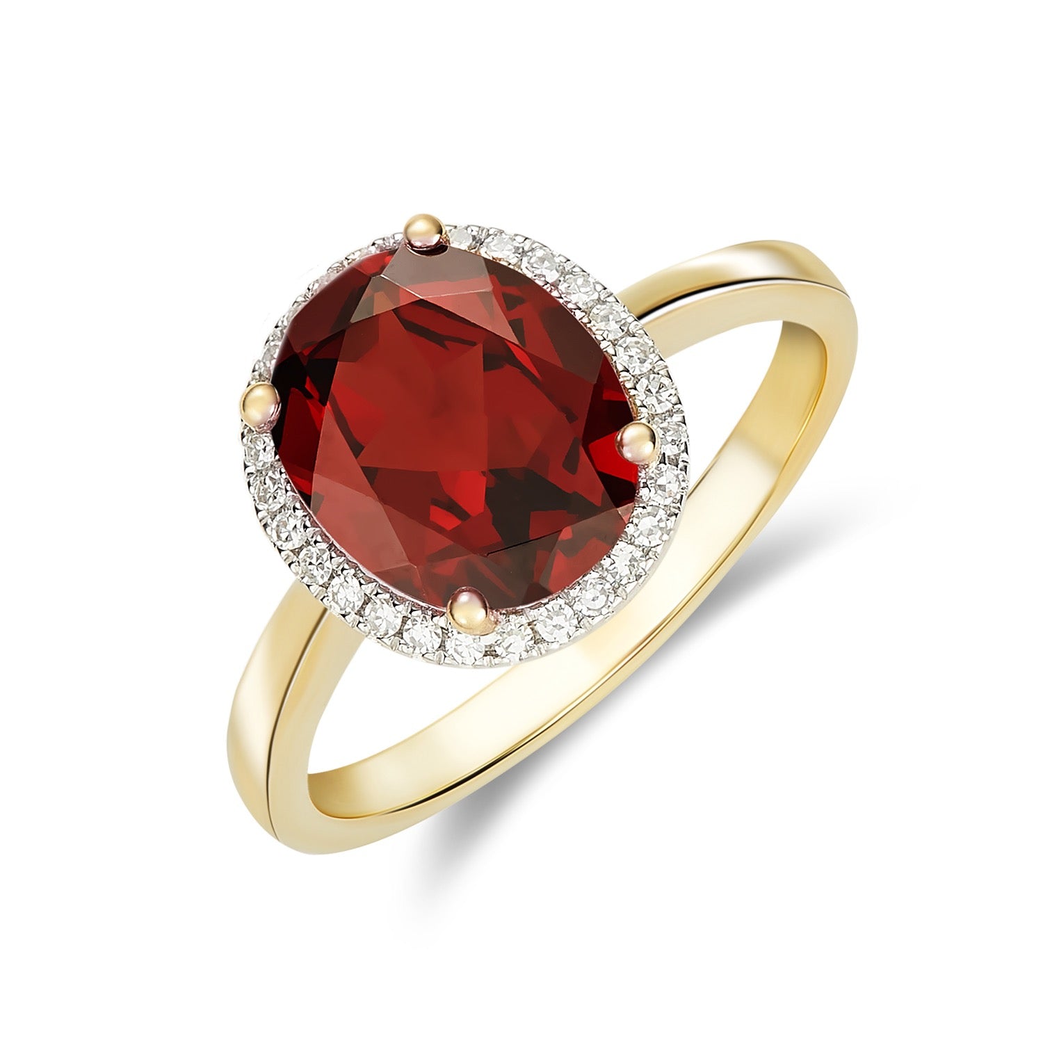 9ct Yellow Gold 10x8 Oval Garnet & Diamond Claw Set Cluster Ring Rhodium to Diamonds