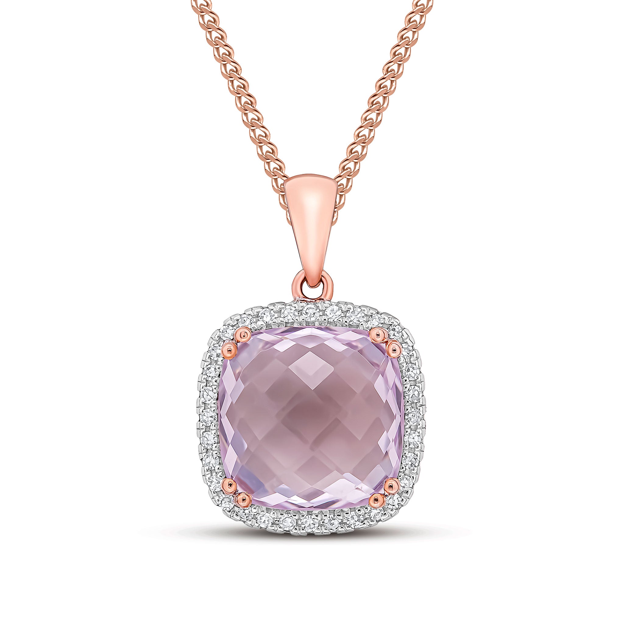 9ct Rose Gold 10mm Checkeboard Cut Cushion Pink Amethyst & Diamond Claw Set Cluster Pendant Rhodium to Diamonds